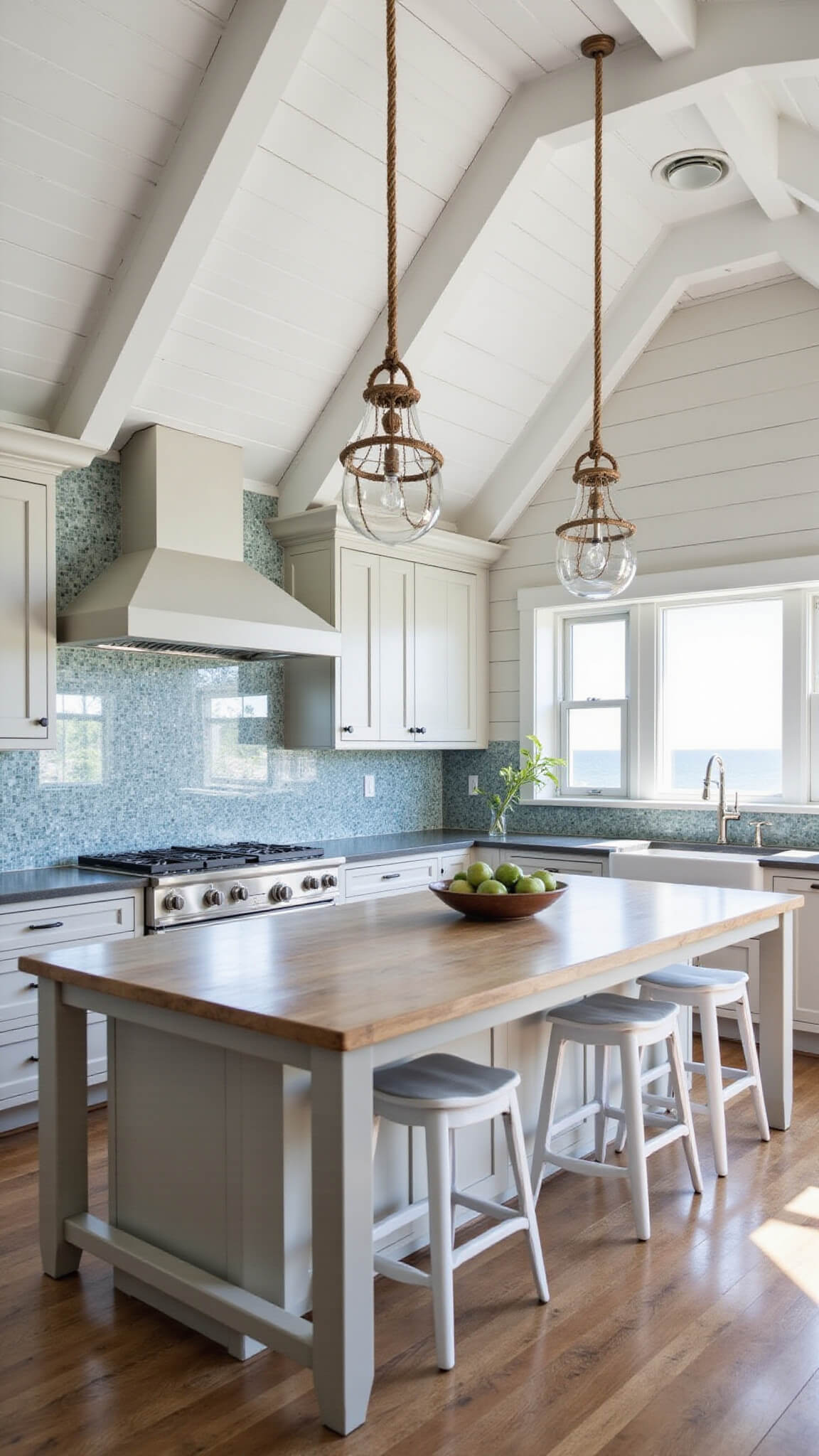 Coastal kitchen with greige shaker cabinets, driftwood island, rope pendant lights, blue-grey tile backsplash, and vaulted white-washed ceiling.