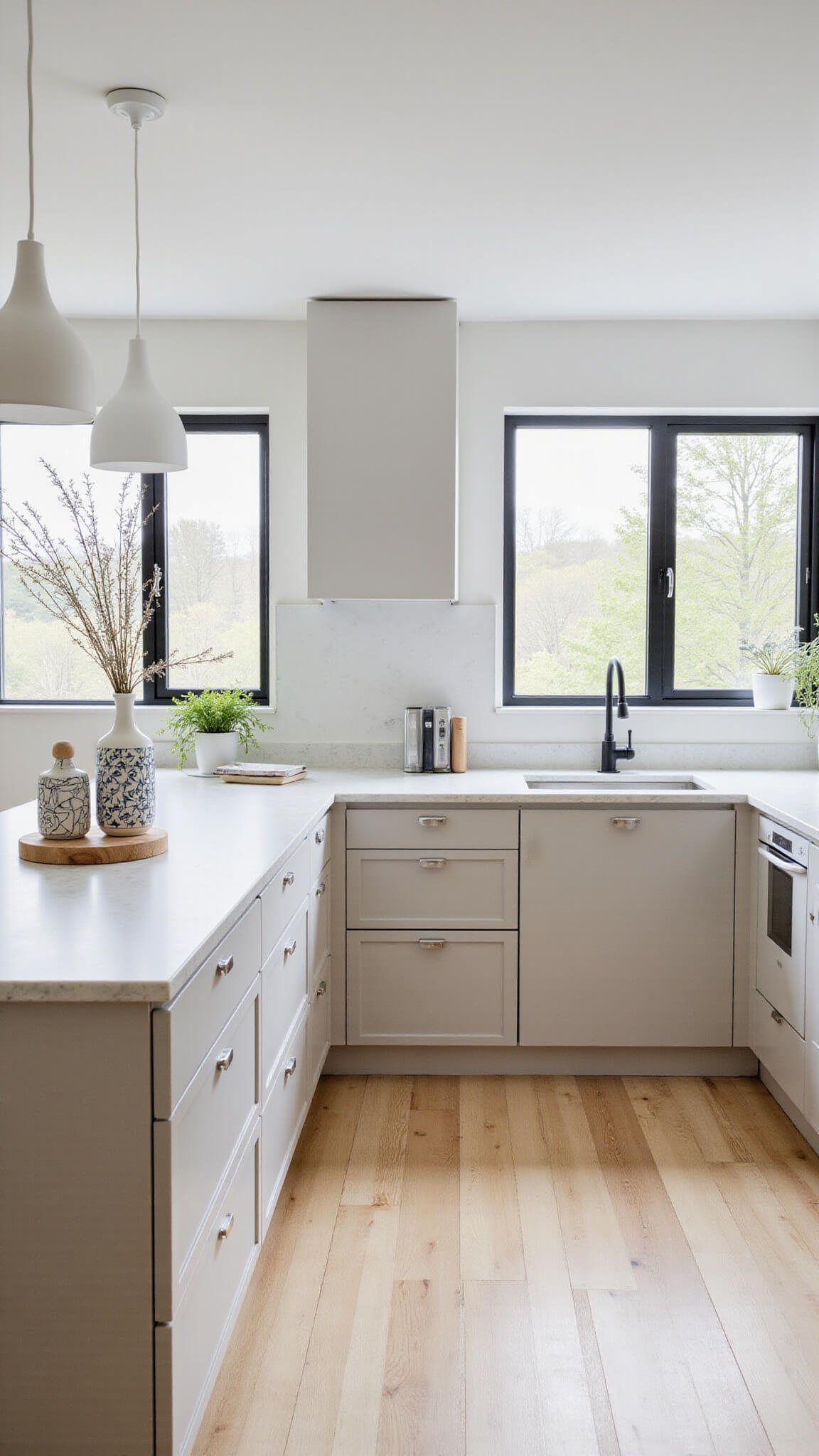 Scandinavian-style kitchen with greige cabinets, pale oak floors, white pendant lights, quartz island, and black window frames in soft morning light.
