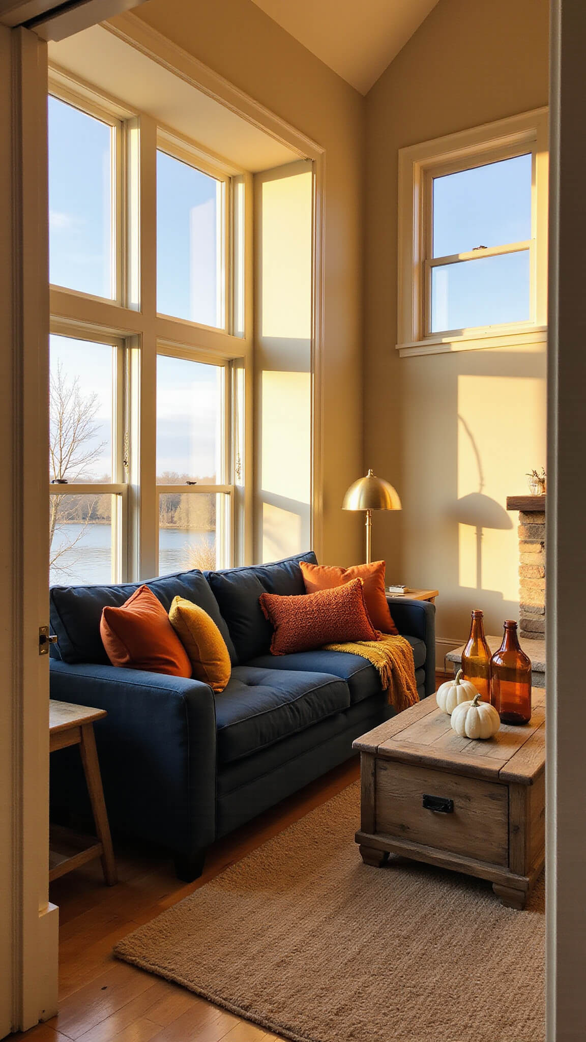 Cozy living room at golden hour with sunlight through tall windows, featuring a navy sectional with fall pillows, vintage brass lamp, oak coffee table with pumpkins and vases, and warm neutral walls with crown molding.