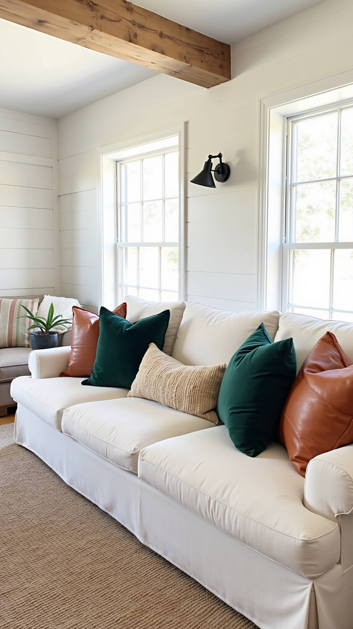 Modern farmhouse family room with shiplap accent wall, cream linen sofa with fall pillows, distressed wooden ceiling beams, vintage kilim over jute rug, and matte black sconces in morning light.