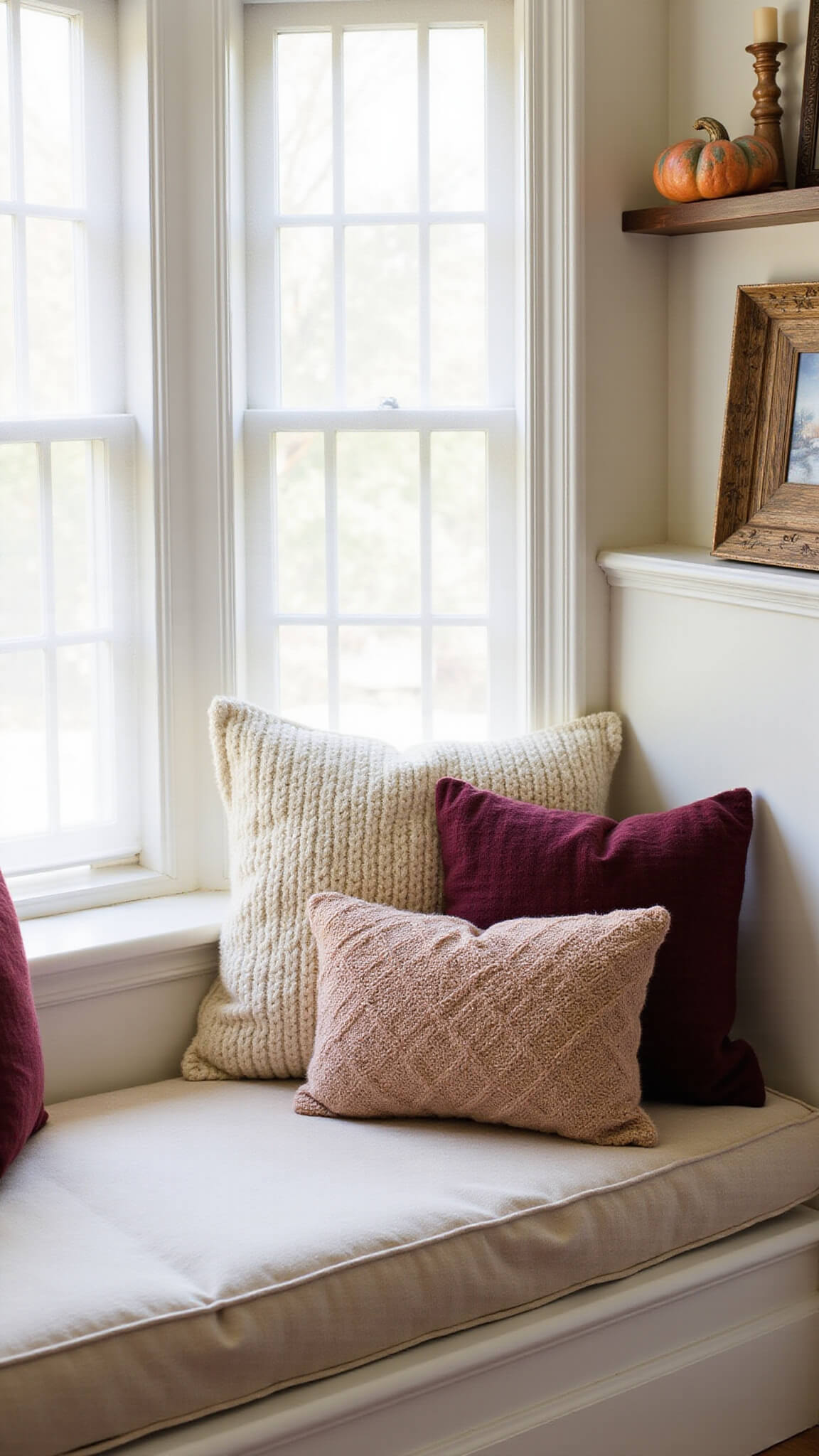 Cozy reading nook with built-in bench in window bay, featuring fall-themed pillows and soft sunlight filtering through gauzy curtains.
