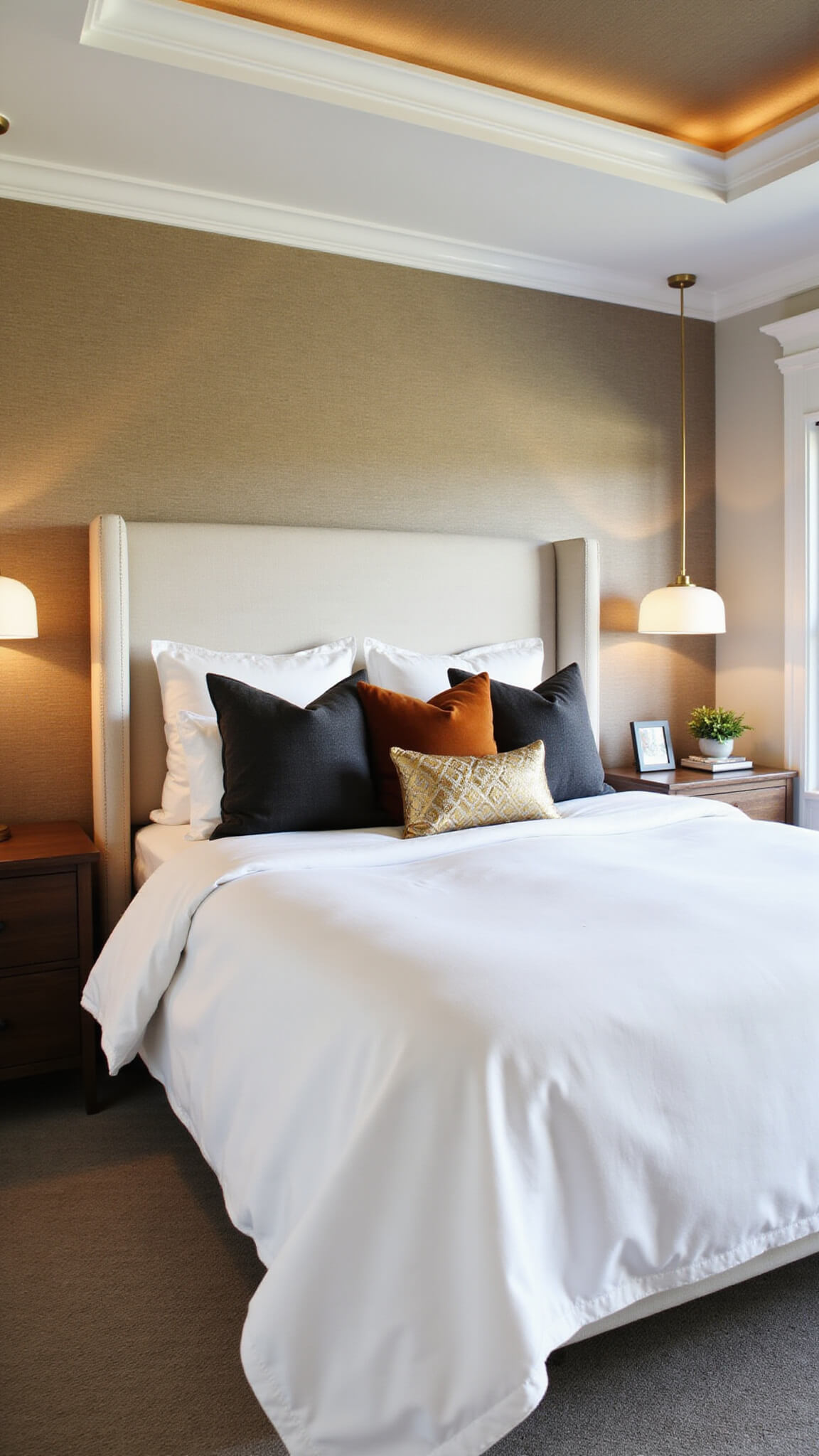 Contemporary master bedroom at dusk with king bed featuring fall-themed pillows, minimalist brass pendant lights, tray ceiling, and warm greige grasscloth wallpaper.