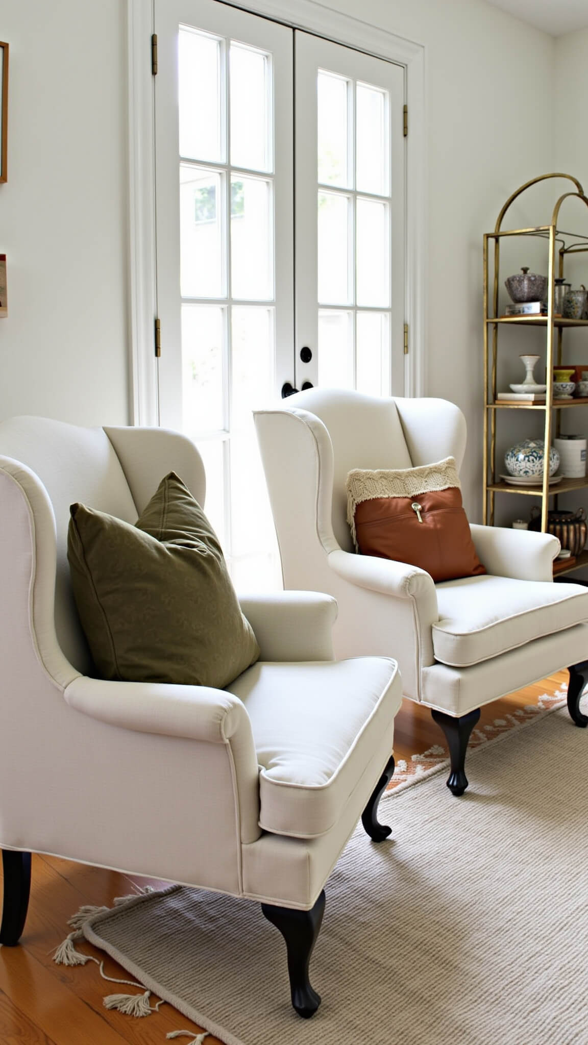 Transitional sitting room at 10am with French doors, ivory wingback chairs with fall pillows, antique brass étagère, herringbone wood floors, and vintage overdyed rug.