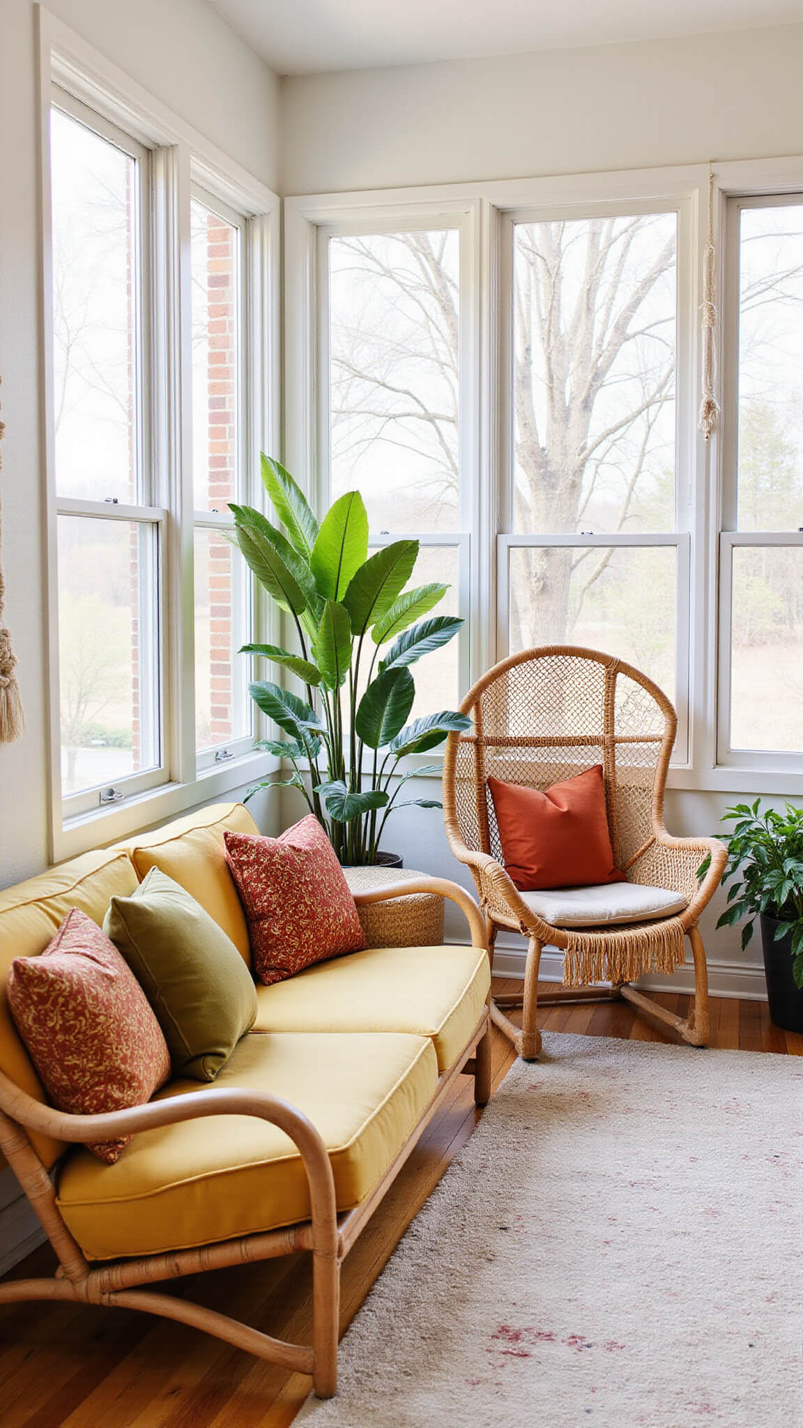 Boho sunroom at midday with wraparound windows, rattan hanging chair, low sectional with fall pillows, potted monstera, whitewashed brick walls, and macramé decor.