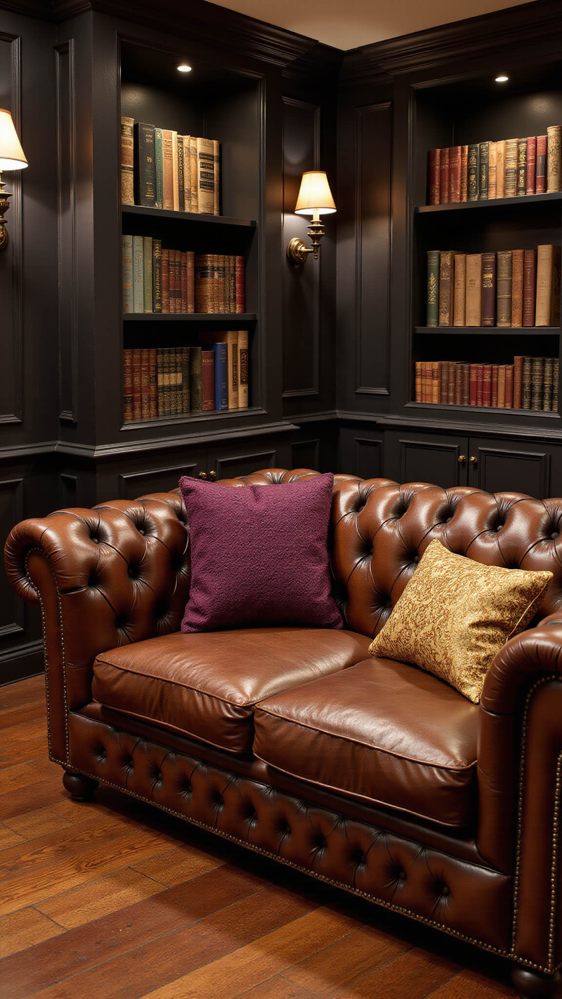 Cozy twilight study with tufted leather chesterfield sofa and fall-themed pillows, surrounded by dark-paneled walls, built-in bookshelves, and warm bronze sconces.