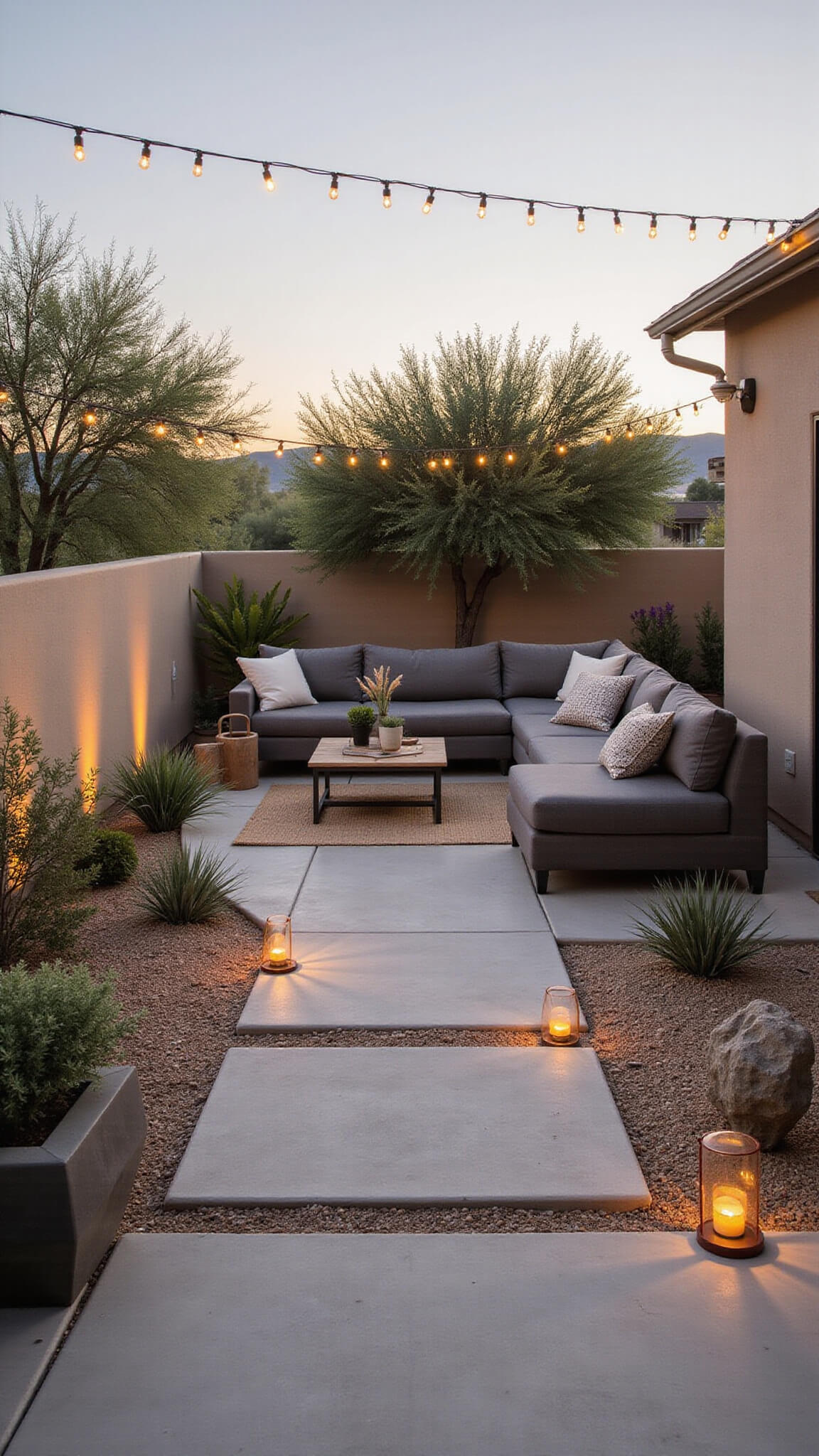 Modern 30x40ft backyard at golden hour with stone patio, minimalist lounge, desert landscaping, and warm layered lighting.