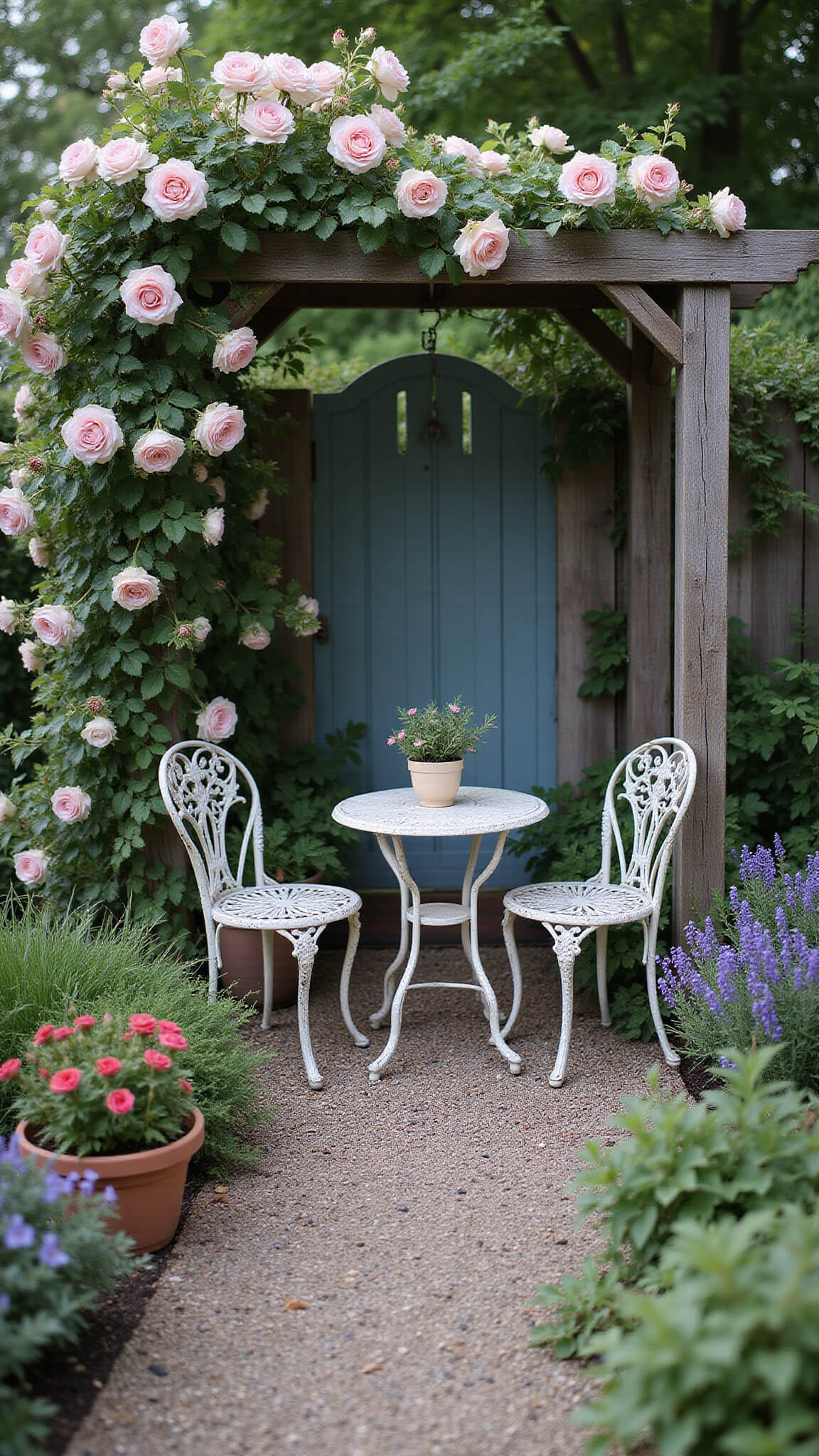 Morning blue hour view of intimate cottage garden with vintage bistro set, blooming perennials, dewy foliage, and climbing roses on wooden arch.