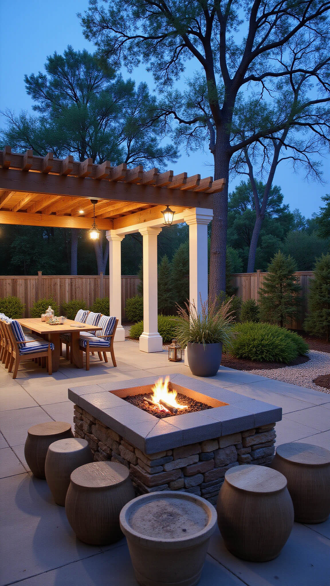 Coastal-themed outdoor entertainment space at dusk featuring fire pit with marine-style seating, pergola dining area, nautical accents, and ambient landscape lighting in navy, white, and sea glass tones.