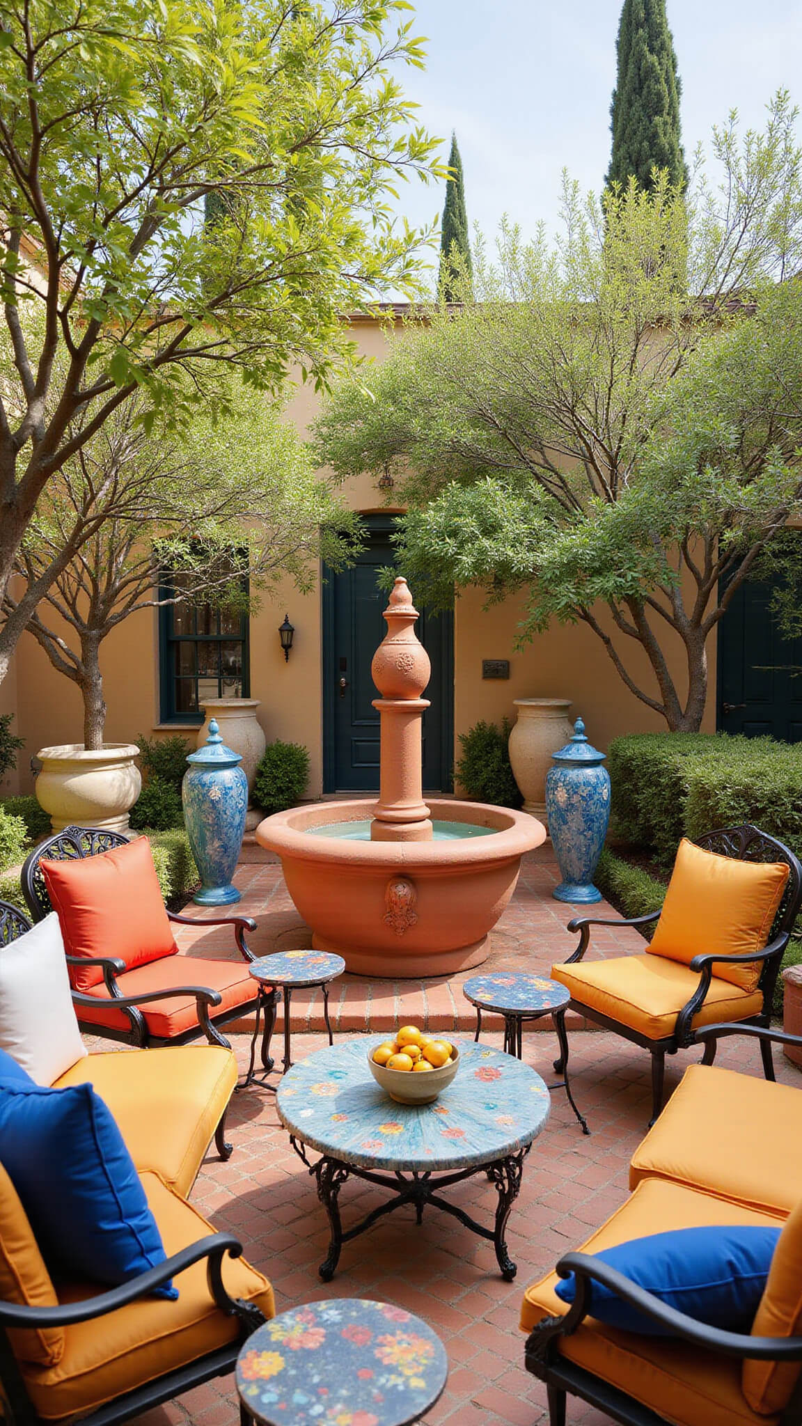 Mediterranean courtyard at midday with terracotta tiles, citrus trees in urns, wrought iron furniture with bright cushions, central terracotta fountain, and vibrant decor including ceramic tables, Moroccan lanterns, and vintage olive jars.