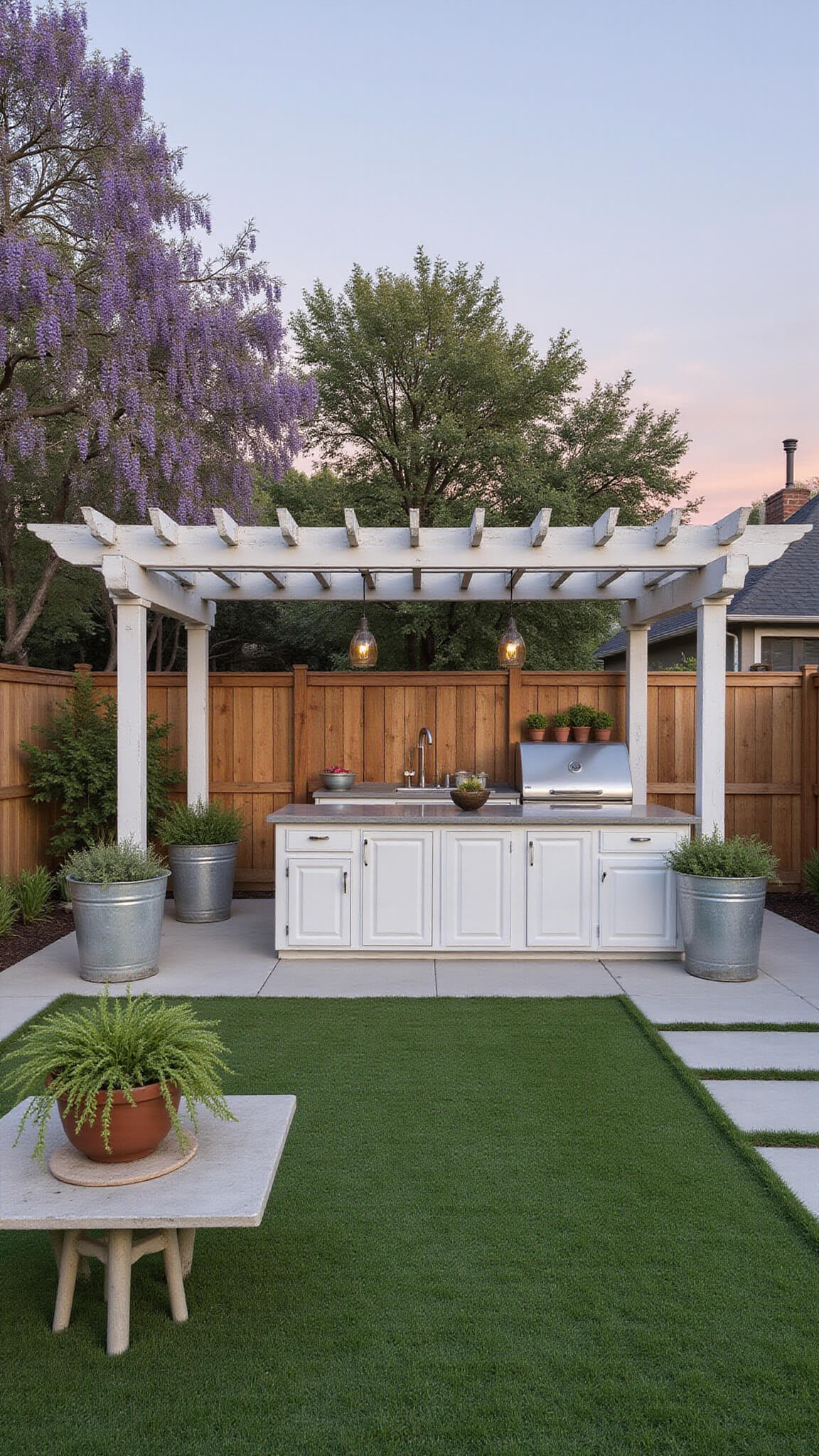 Modern farmhouse yard at sunset with play area, vegetable garden, lounging space, white pergola with wisteria, and industrial outdoor kitchen in warm, earthy tones.