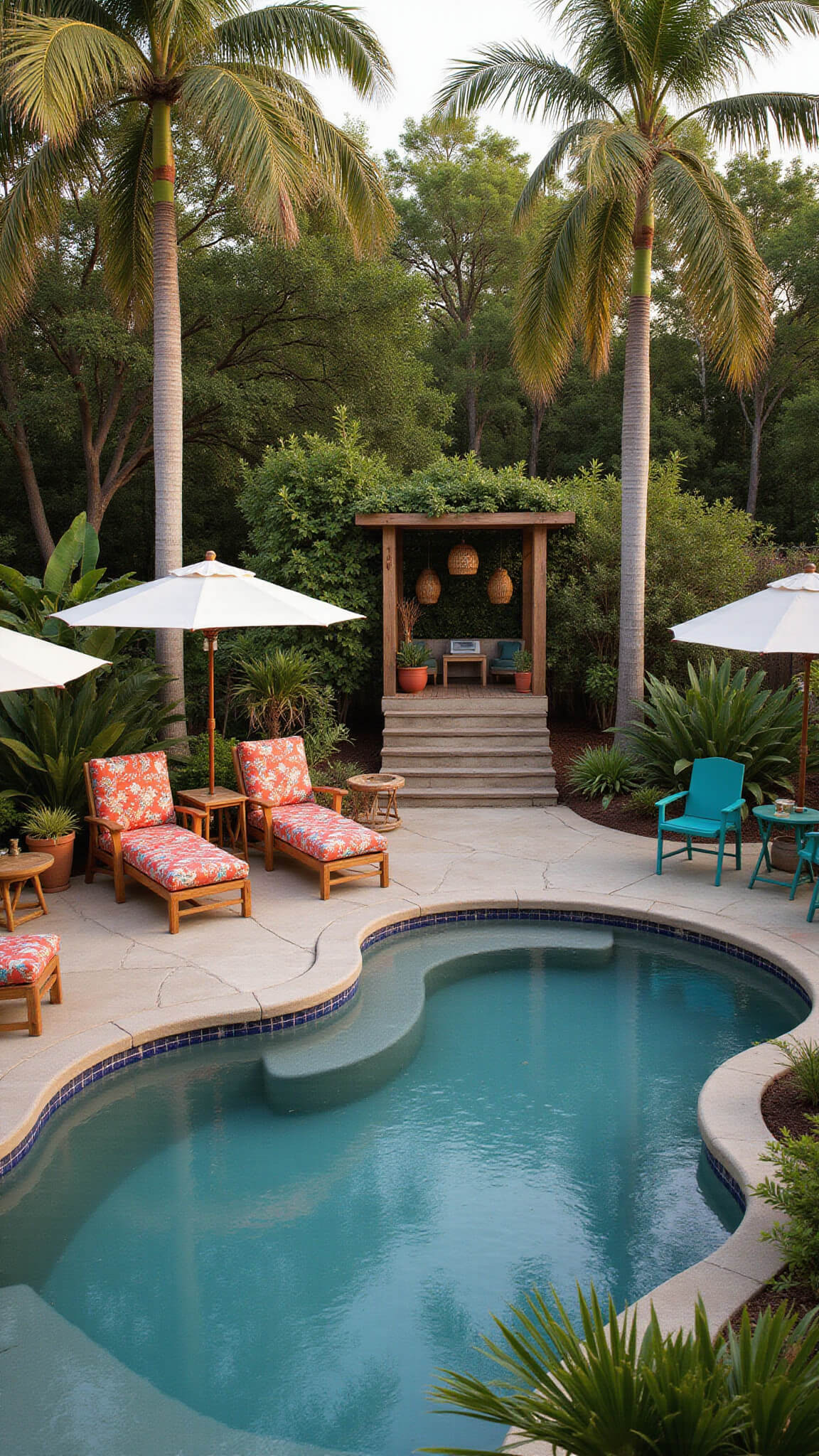 Tropical backyard with multi-level decking and freeform pool surrounded by palm trees and vibrant plants, styled with bold-print furniture, umbrellas, and brass accents at golden hour.