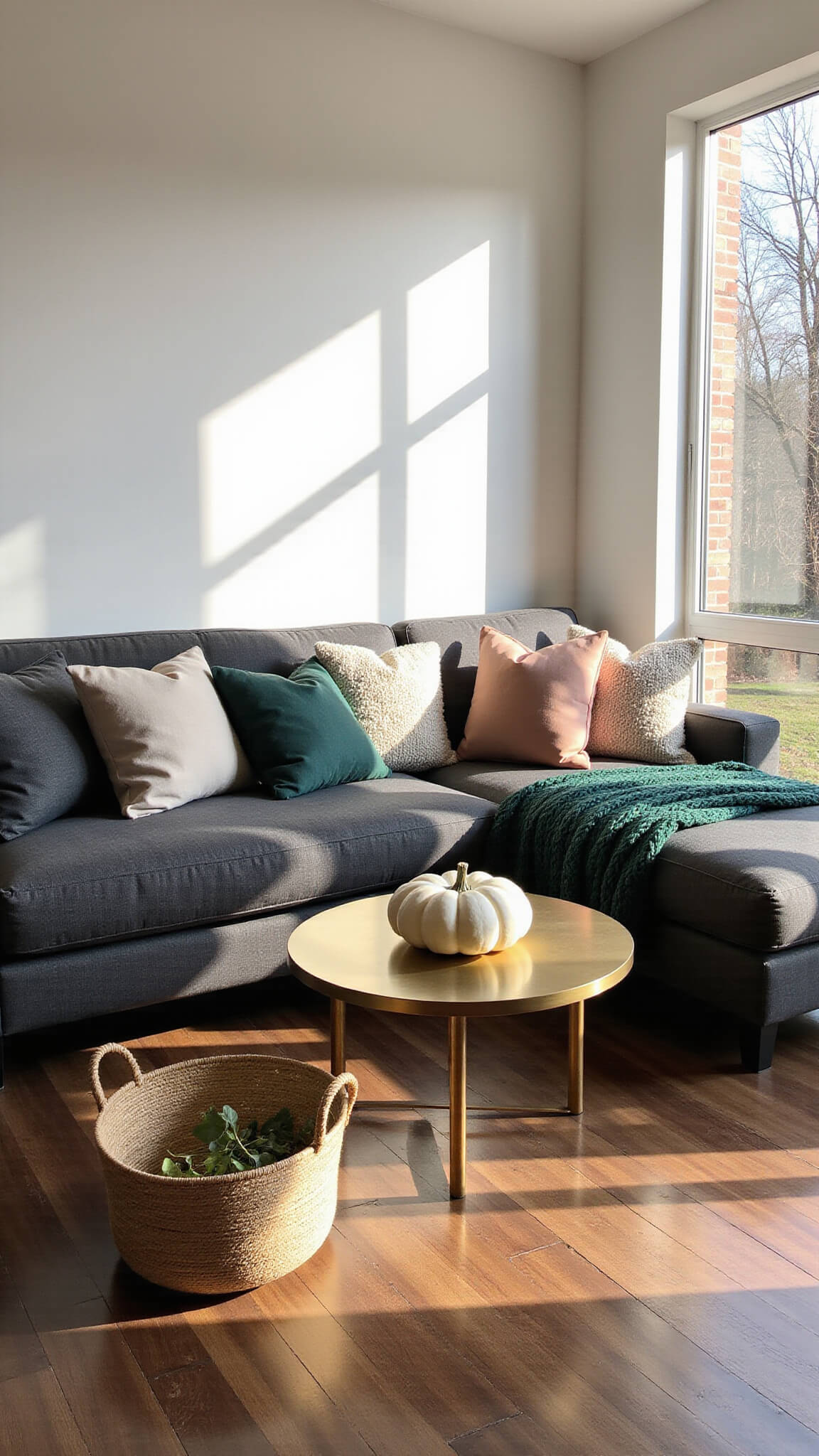 Modern minimalist living room with charcoal gray sectional, cream pillows, brass coffee table, and golden hour light streaming through floor-to-ceiling windows.