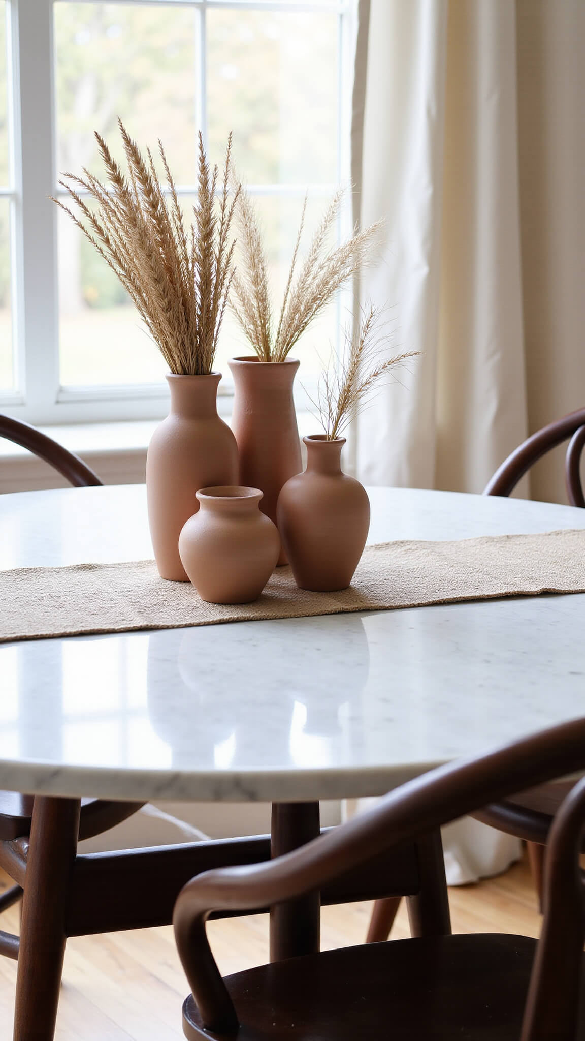 Close-up of a modern round marble dining table with terracotta vases and dried florals, surrounded by brown curved chairs in a sunlit breakfast nook.