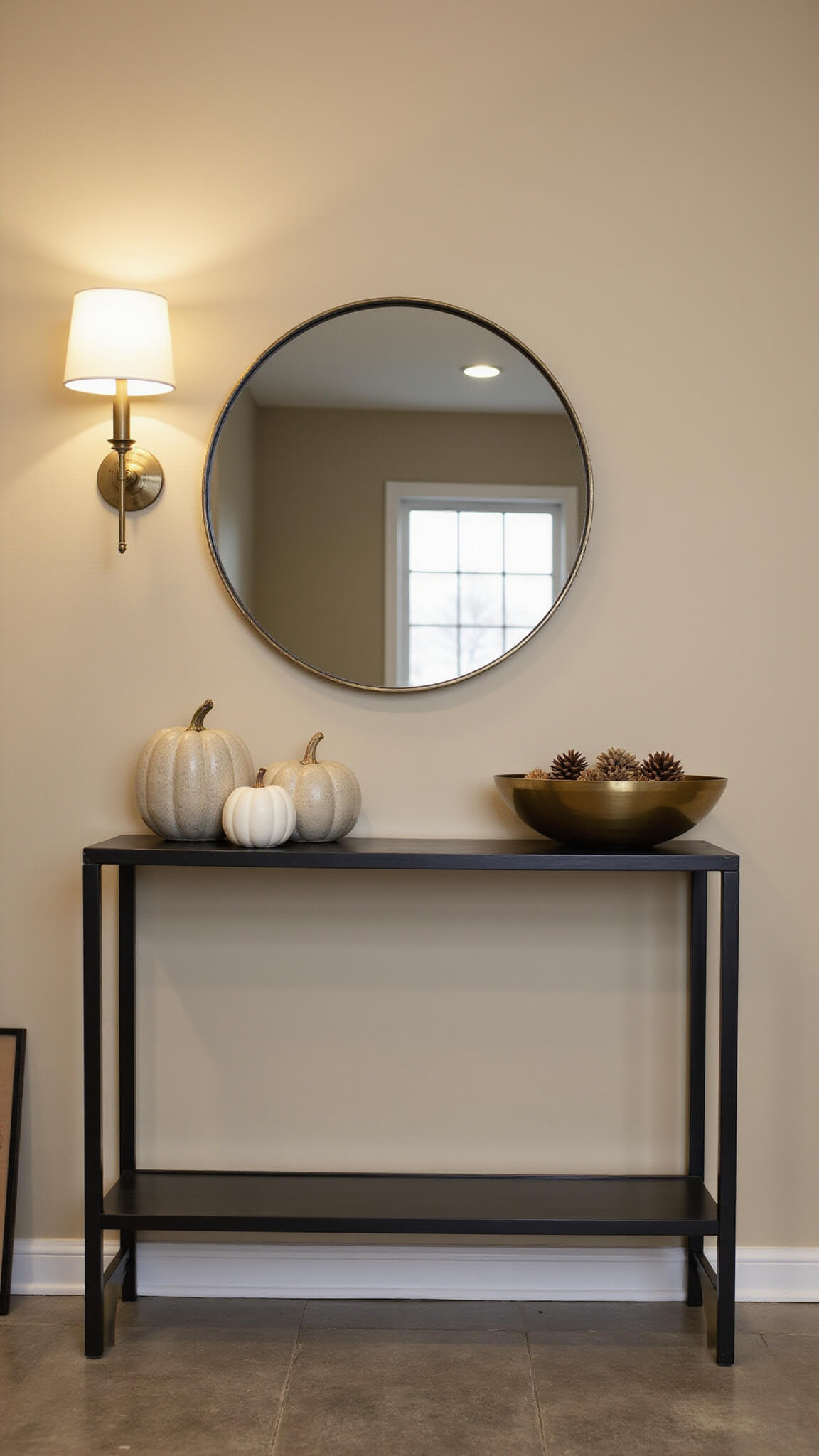 Medium shot of black steel console table with ceramic pumpkins, brass sconce, circular mirror, and pinecones against a greige wall at dusk.