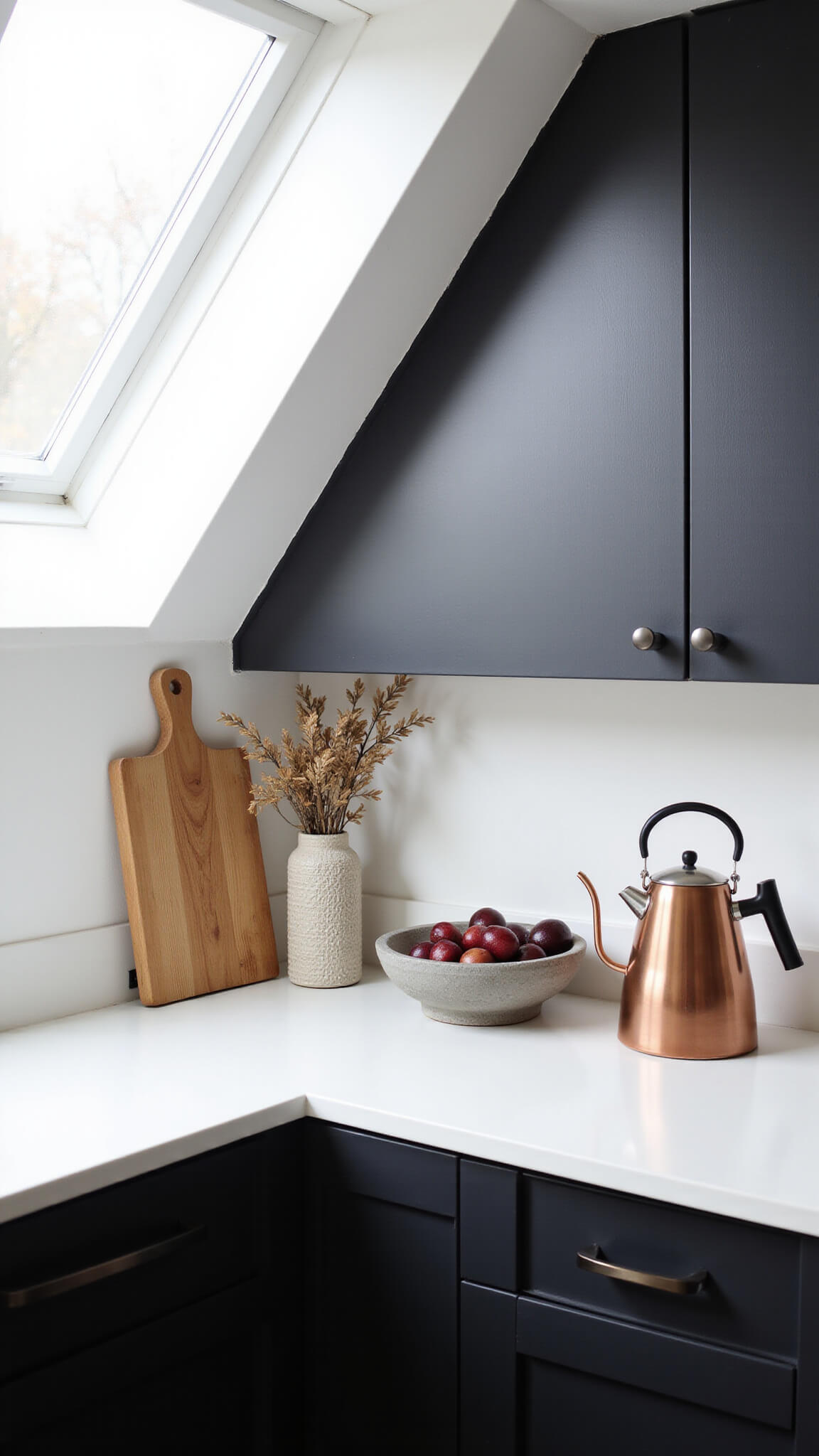 Modern kitchen corner with white quartz counters, matte black cabinets, copper kettle, and dried oak branches in ceramic vase.
