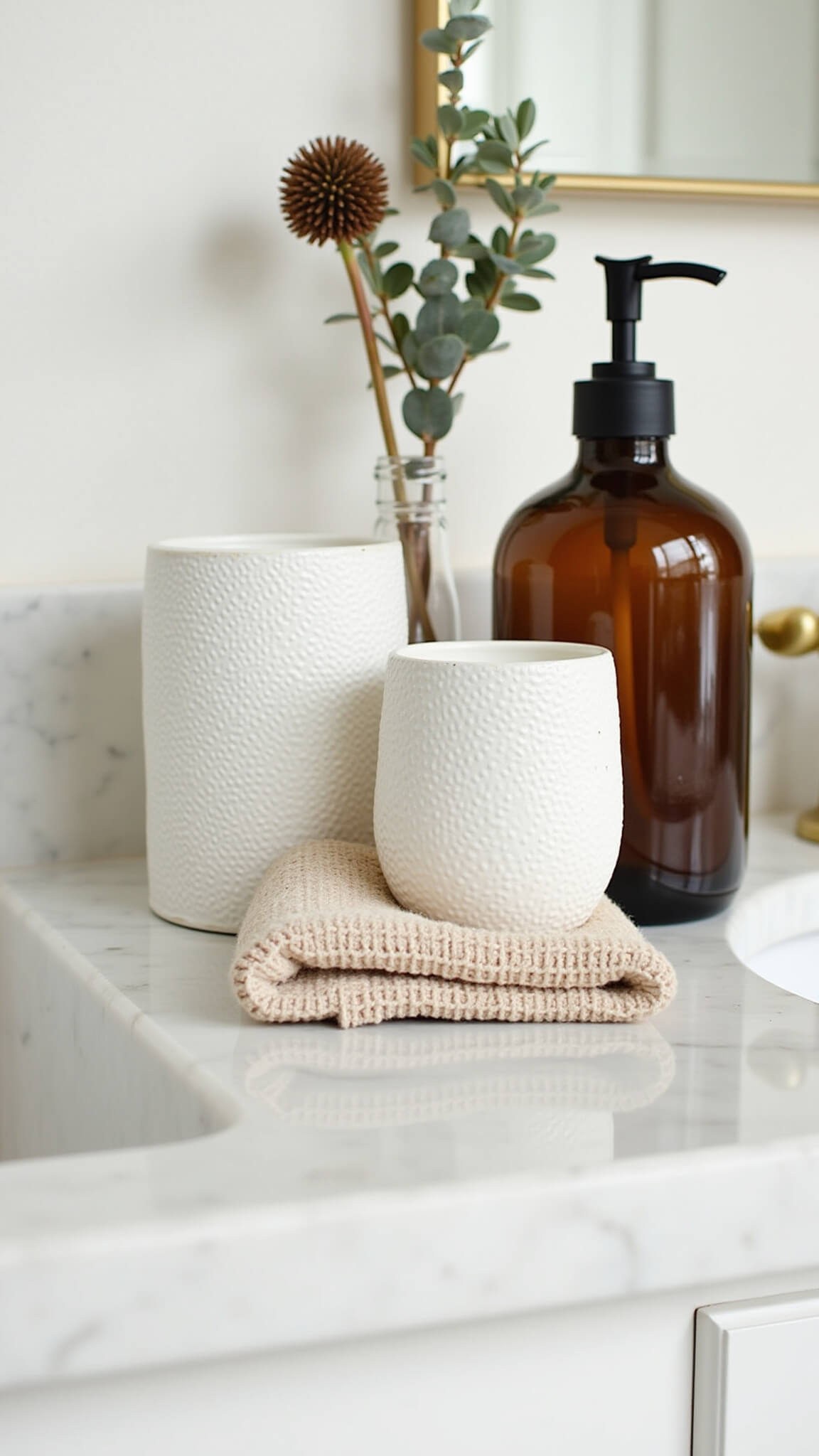 Detail shot of modern white marble bathroom vanity with brass fixtures, textured ceramic containers, dried thistle and eucalyptus, amber glass soap dispenser, and natural fiber hand towel in soft morning light.