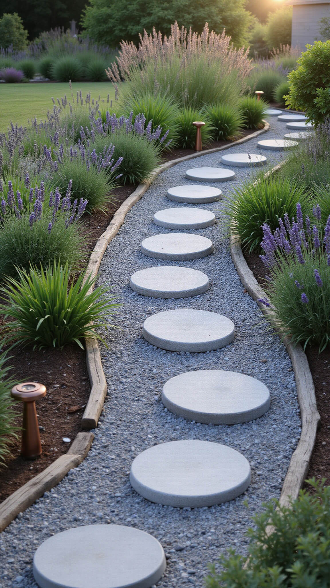 Curved crushed stone garden path with stepping stones, bordered by lavender and grasses, glowing with morning dewdrops and copper solar lights.