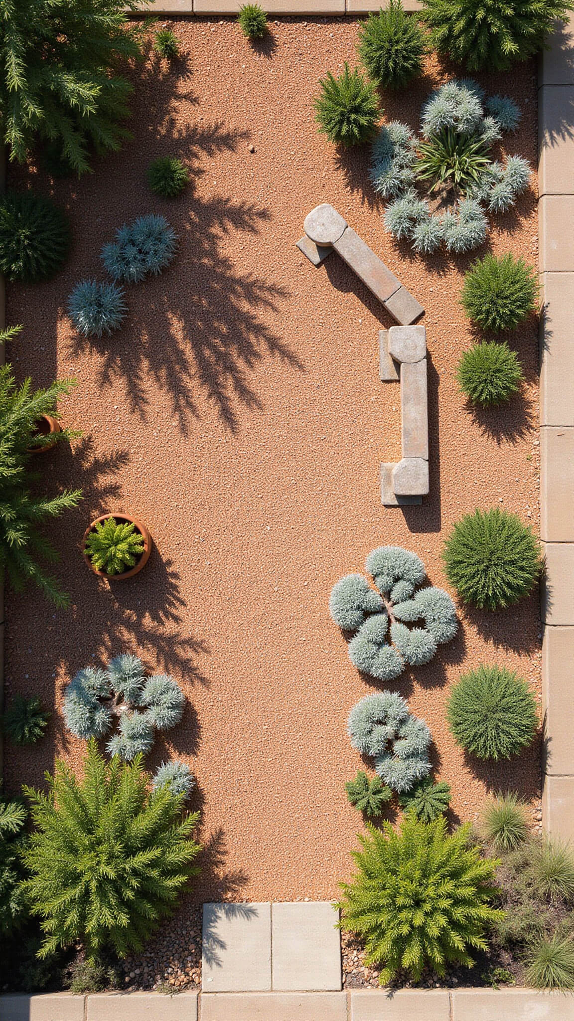 Overhead drone view of a formal Mediterranean gravel garden with terracotta pathways, drought-tolerant plants in silver and sage hues, terra cotta pots, and stone benches casting sharp midday shadows.