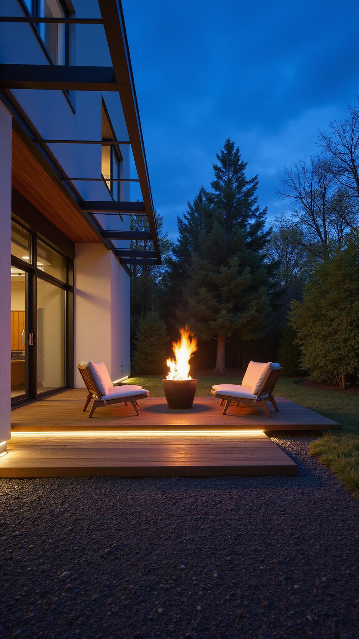 Modern gravel lounge with basalt stones, teak furniture around firepit on wooden deck, under steel pergola at twilight with LED-lit plants.