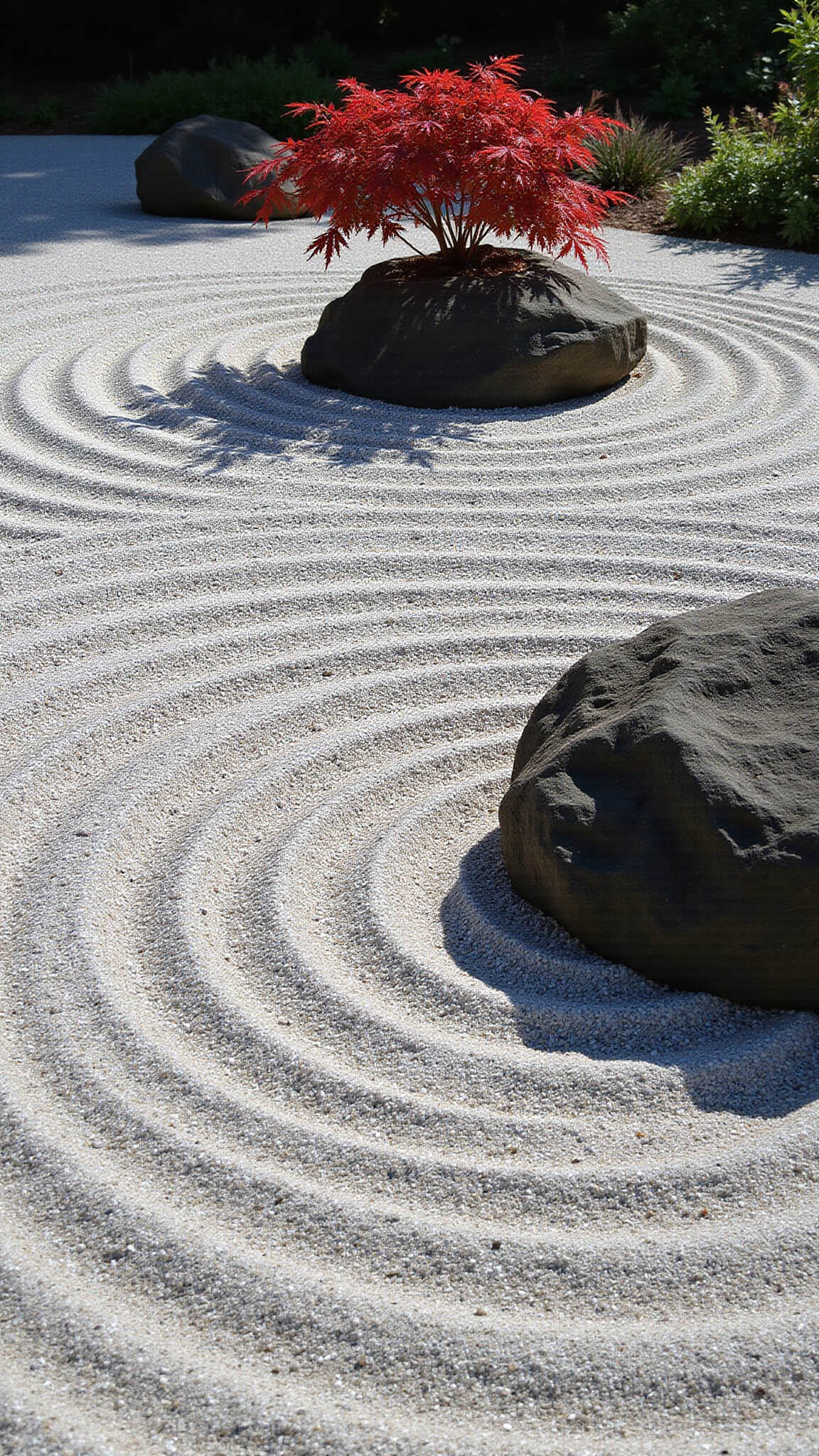 Close-up of raked white gravel in concentric circles around dark boulders with a red Japanese maple tree, in soft morning light.
