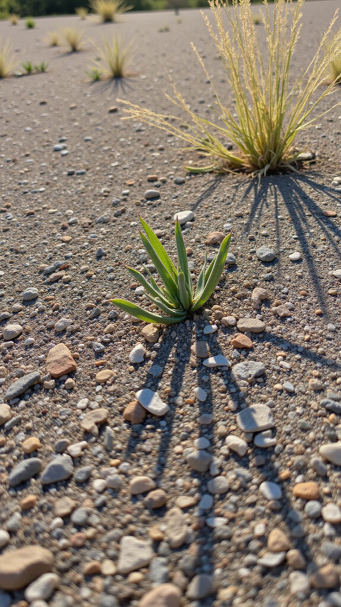 Macro shot of mixed gravel textures with river rocks, pea gravel, and crushed granite in warm late afternoon light, with desert plant shadows and soft focus.