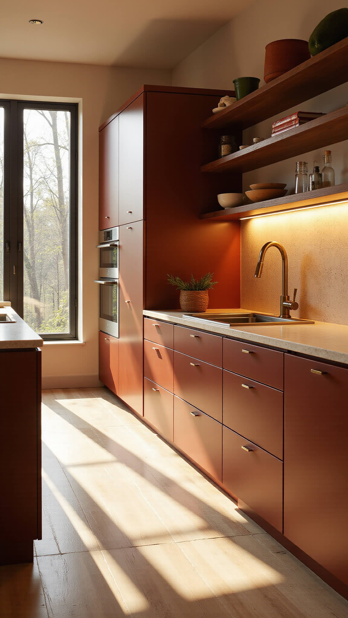 Contemporary 12x15ft kitchen with rust-colored cabinets, walnut shelving, and cream stone countertops lit by golden hour sunlight through floor-to-ceiling windows.