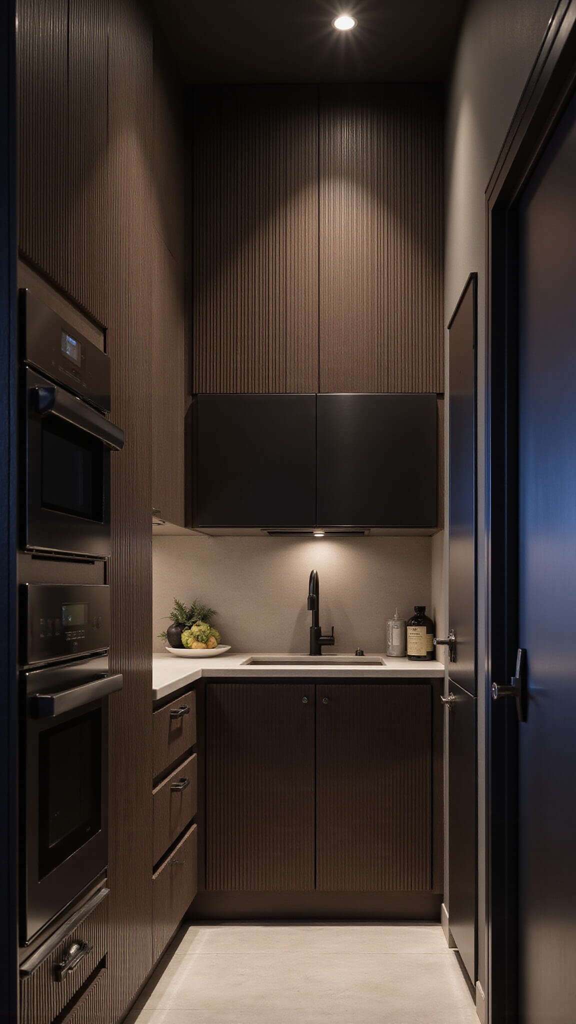 Moody blue hour kitchen with smoky brown fluted cabinets, integrated appliances, and dramatic pendant lighting.