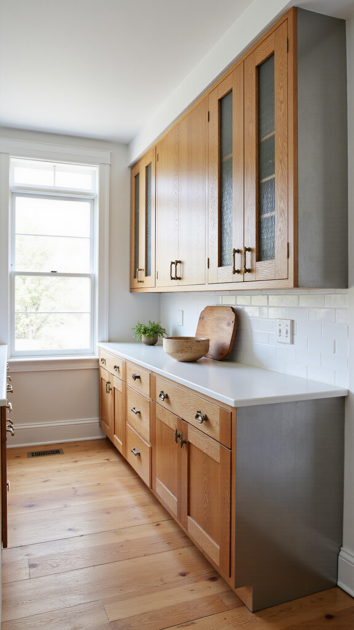 Sunlit 8x14ft galley kitchen with oak lower cabinets, brushed metal uppers, reeded glass inserts, and vintage brass pulls, viewed wide angle.