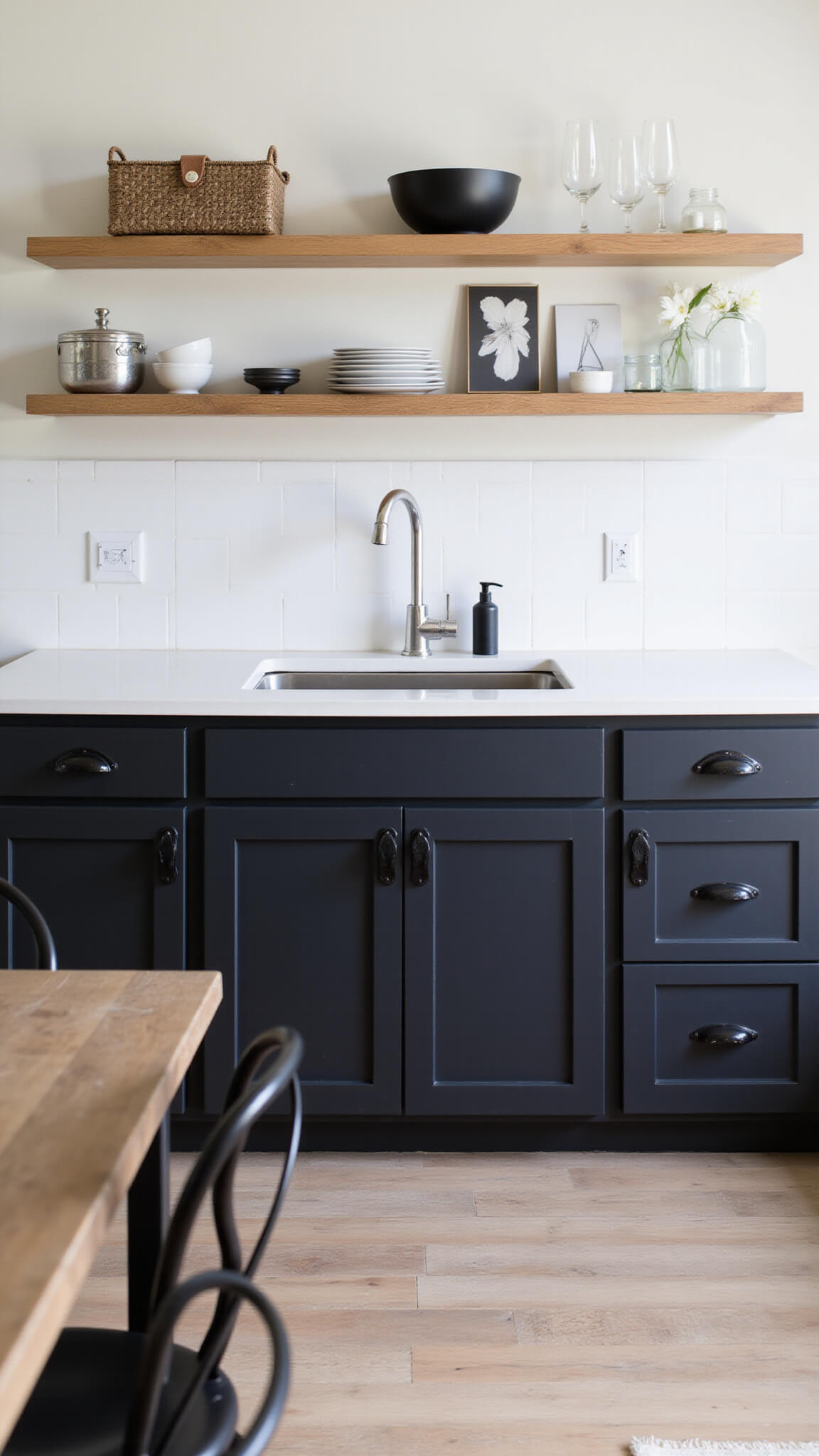 Open concept 16x20ft kitchen with matte black lower cabinets, natural oak uppers, industrial metal hardware, and floating shelves, viewed from dining area in diffused midday light.