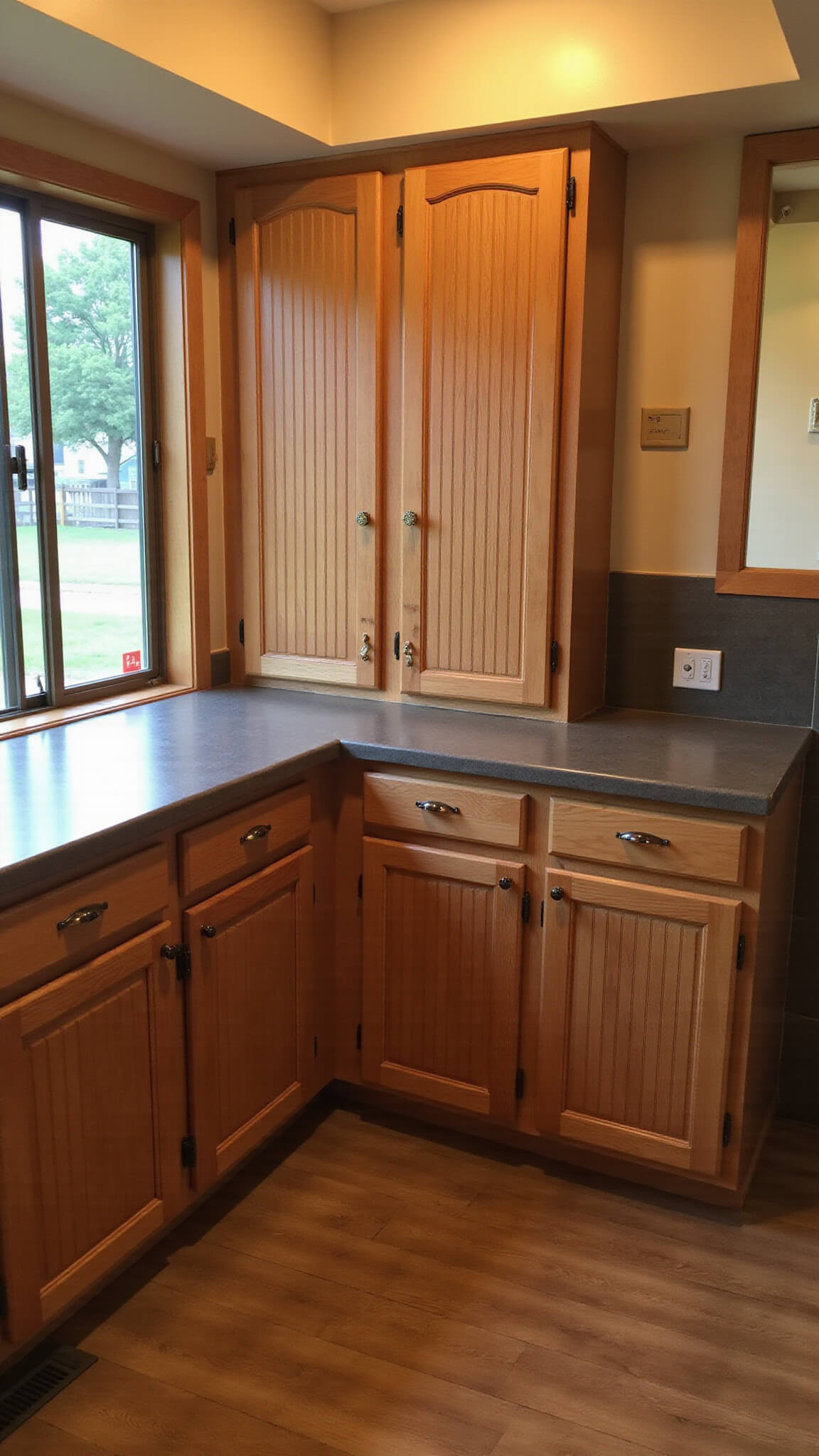 Cozy 9x11ft kitchen with medium-tone reeded wood cabinets, ceiling-height design, corner banquette seating, and warm evening lighting.