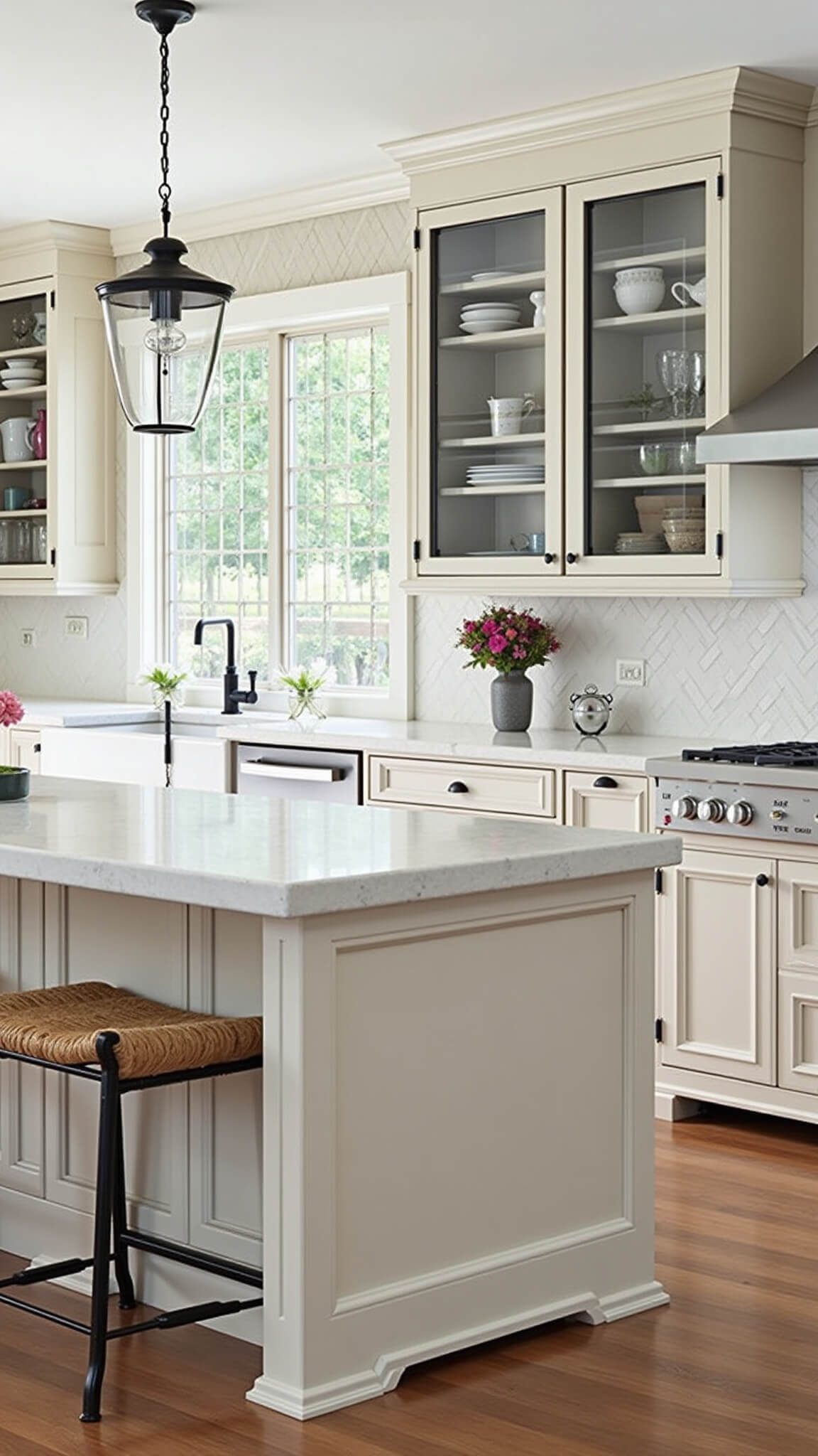 Modern farmhouse kitchen with white oak and black metal cabinets, vintage glass display, fluted island, and soft early morning light.