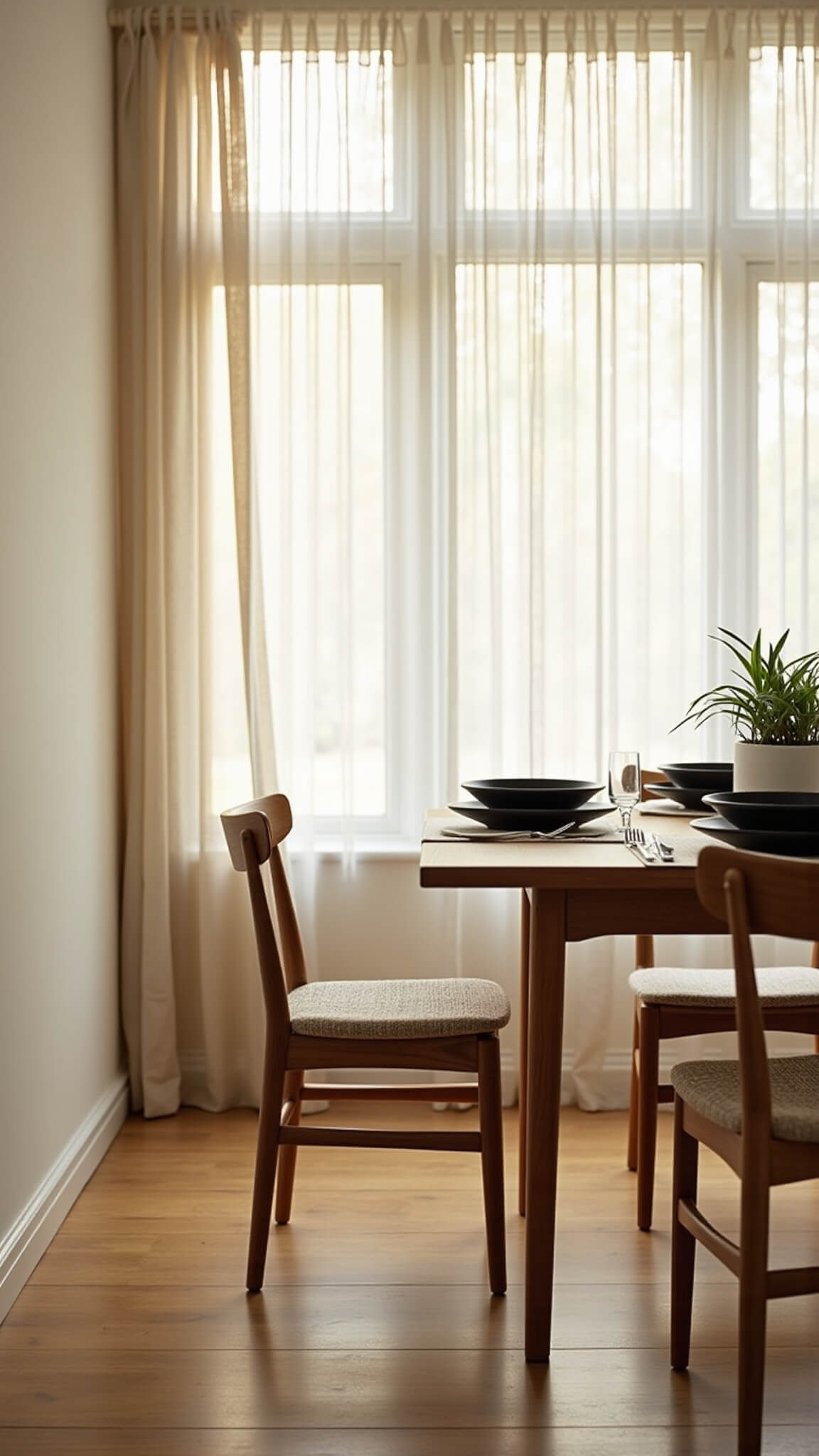 Japandi-style dining room with oak table, ash wood chairs, and sunlight filtering through linen curtains at golden hour.