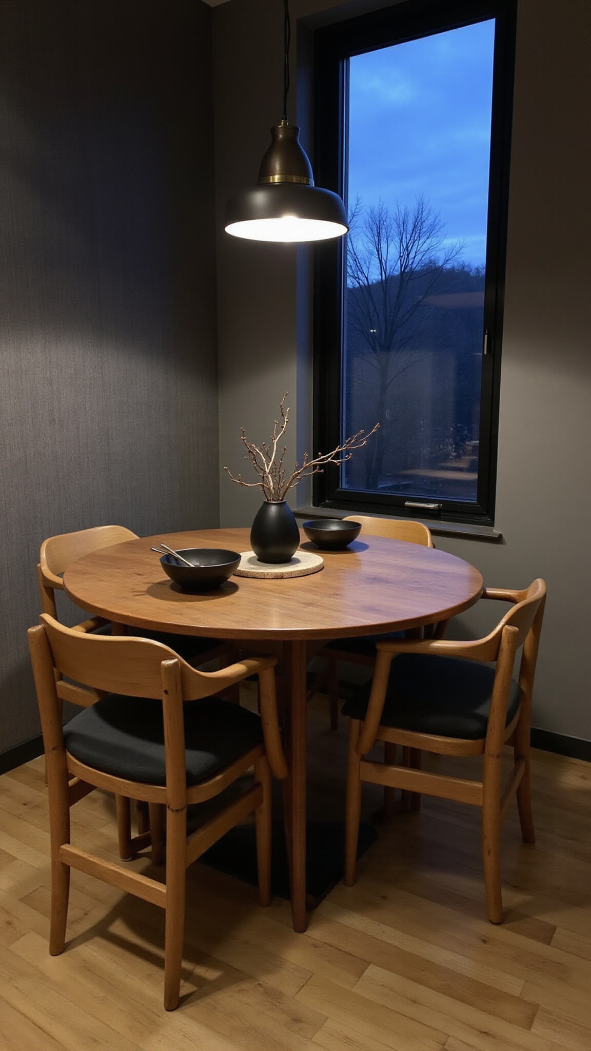 Cozy 12x12ft dining nook at dusk with round walnut Japandi table, bamboo chairs, ceramic tableware, and ikebana arrangement, set against textured gray wall and bamboo flooring.