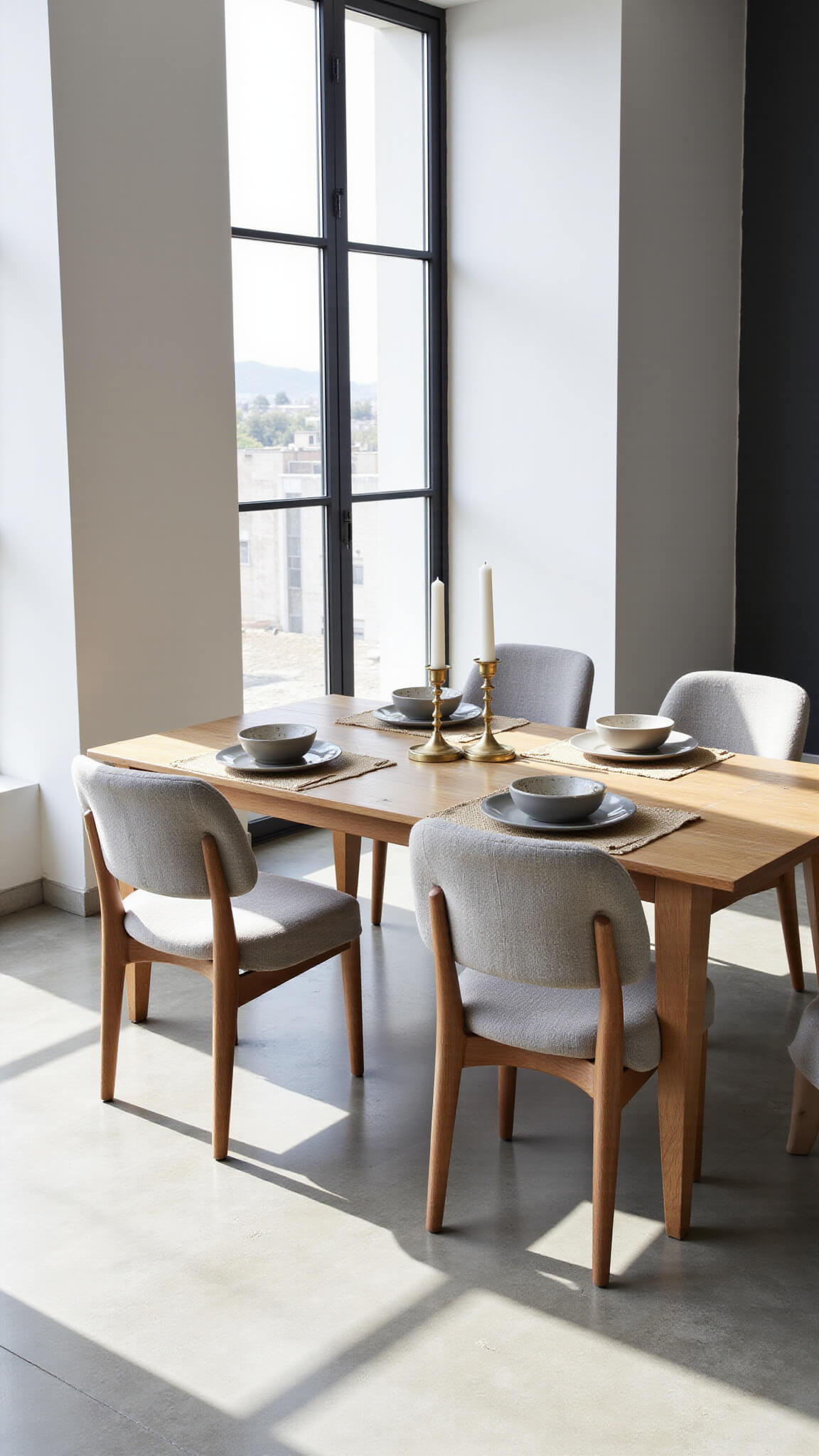 Modern dining room with ash wood table, gray chairs, geometric tableware, and morning light casting shadows through large black-framed windows.
