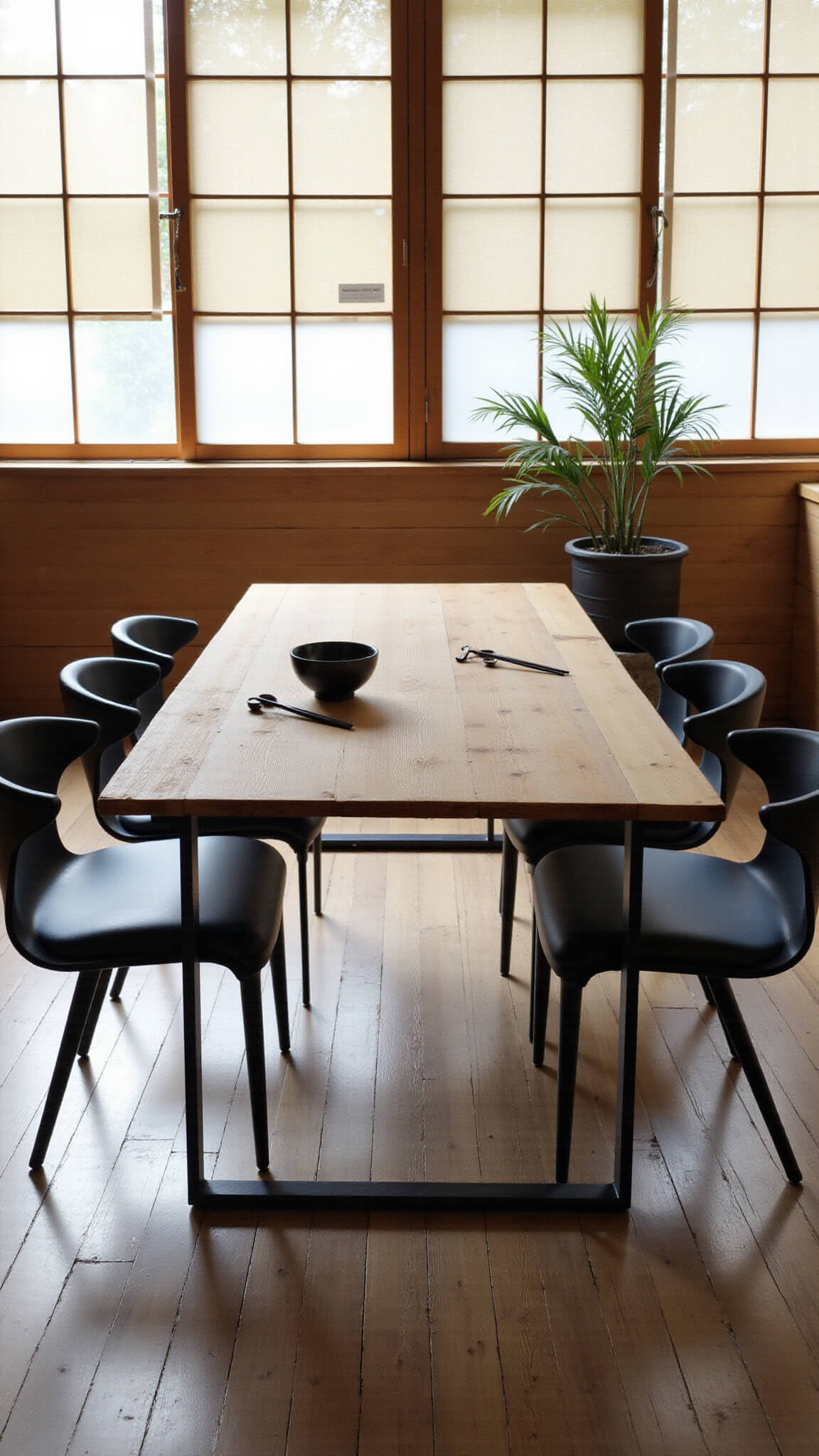 Zen-style dining room with bamboo table, black chairs, paper screens, and tatami flooring in warm natural tones.