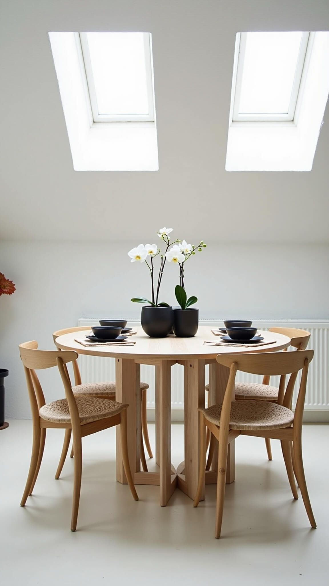 Minimalist dining room with round ash table, four bleached wood chairs, black dinnerware, and orchid centerpiece under skylight-lit morning light.