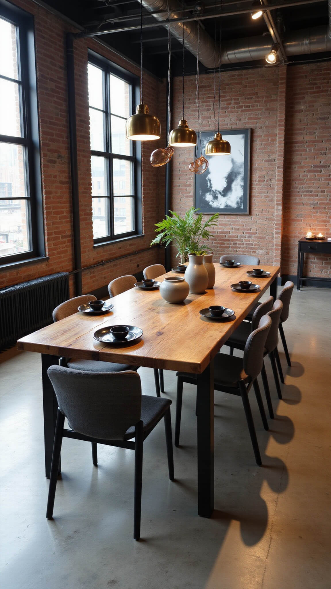 Industrial-zen loft dining area at twilight with reclaimed wood table, charcoal chairs, pendant lights, concrete floors, and exposed brick walls.