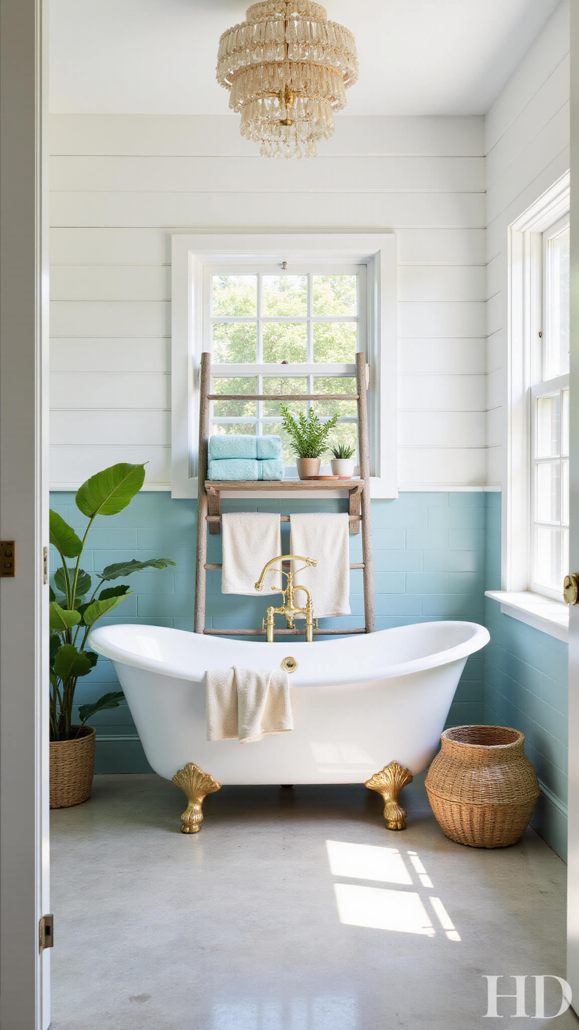 Coastal bathroom with white shiplap walls, pale blue penny tiles, limestone floor, freestanding tub under chandelier, teak shelf with sea-glass towels, brass fixtures, and morning light through large windows.