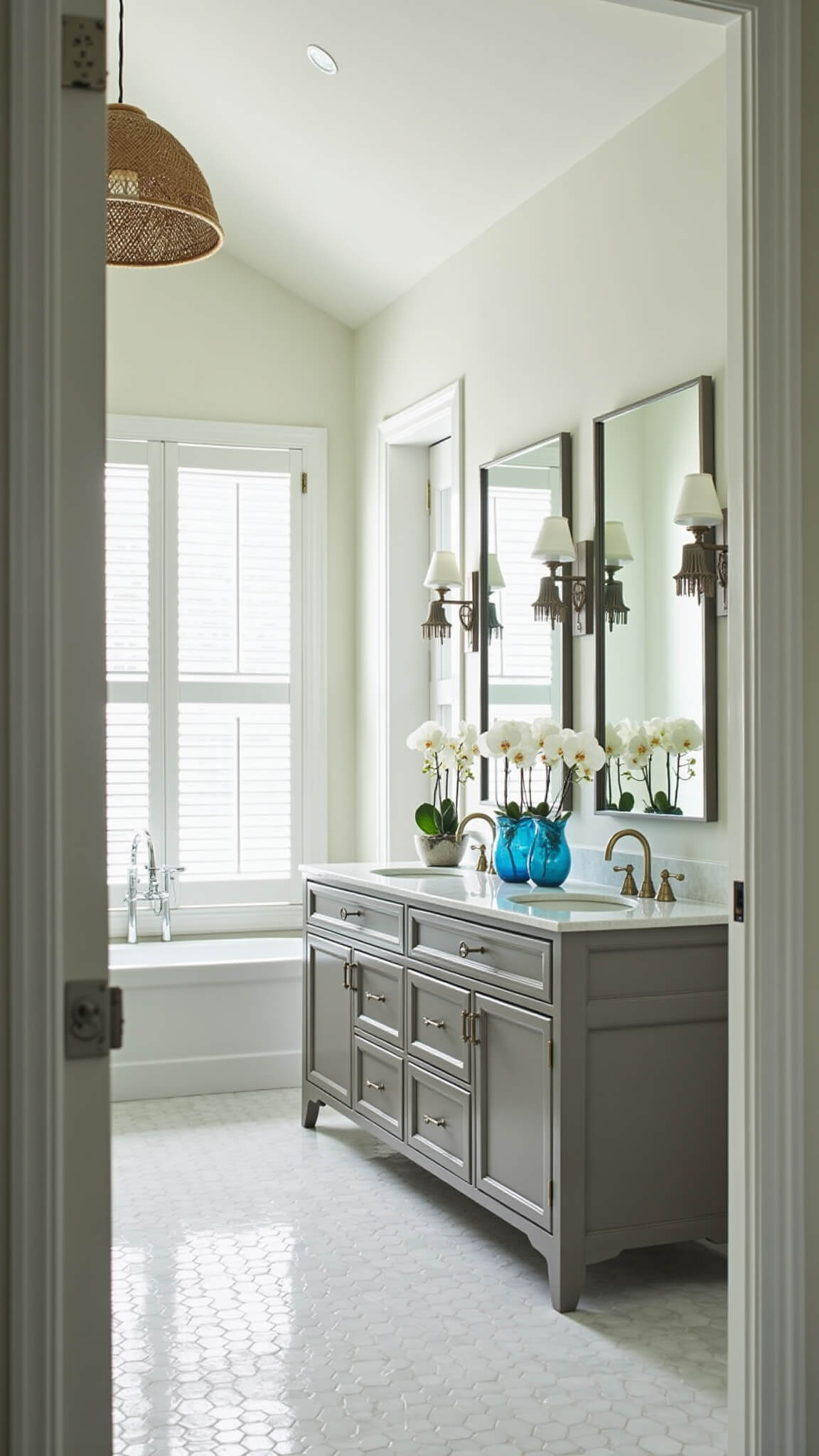Bright coastal master bathroom with vaulted ceiling, white marble hex floor, driftwood gray double vanity, seagrass baskets, and ocean blue accents.