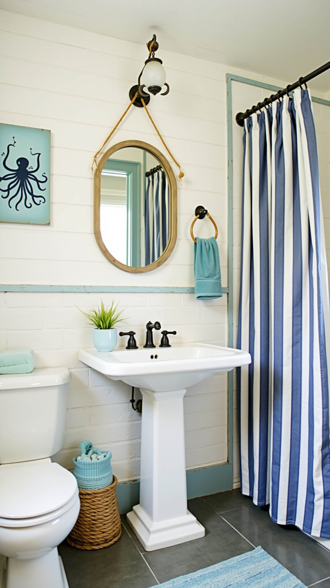 Coastal kids' bathroom with nautical decor, white subway tiles and pale blue grout, porthole mirror above pedestal sink, striped navy and white shower curtain, octopus wall art, and rope towel rings.