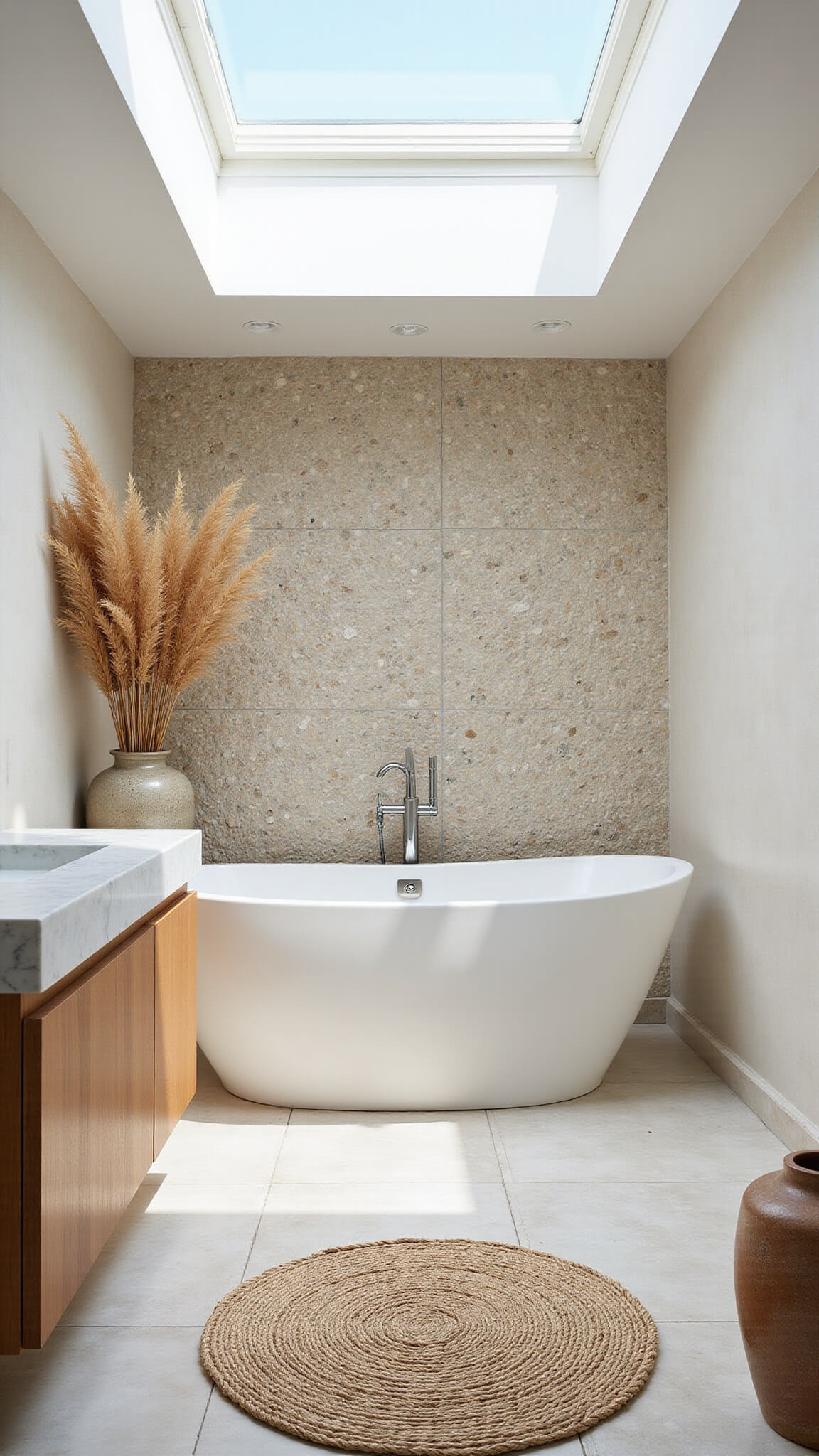Spa-inspired coastal ensuite with soaking tub, pebble tile wall, white oak vanity, marble floors, and diffused natural light.