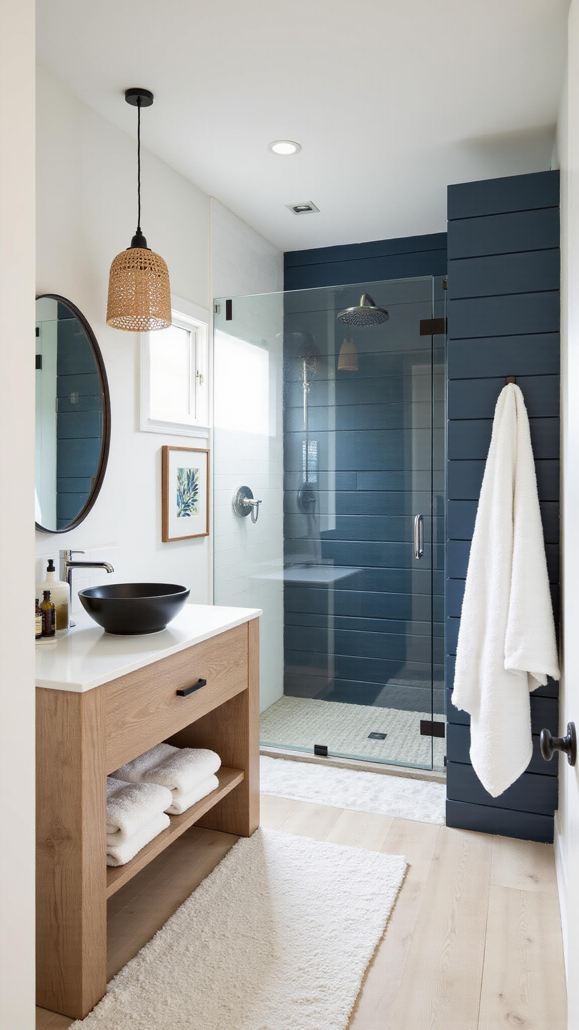 Coastal bathroom with navy shiplap accent wall, floating bleached oak vanity, oversized rain shower, rattan pendant lighting, and beach-themed decor.