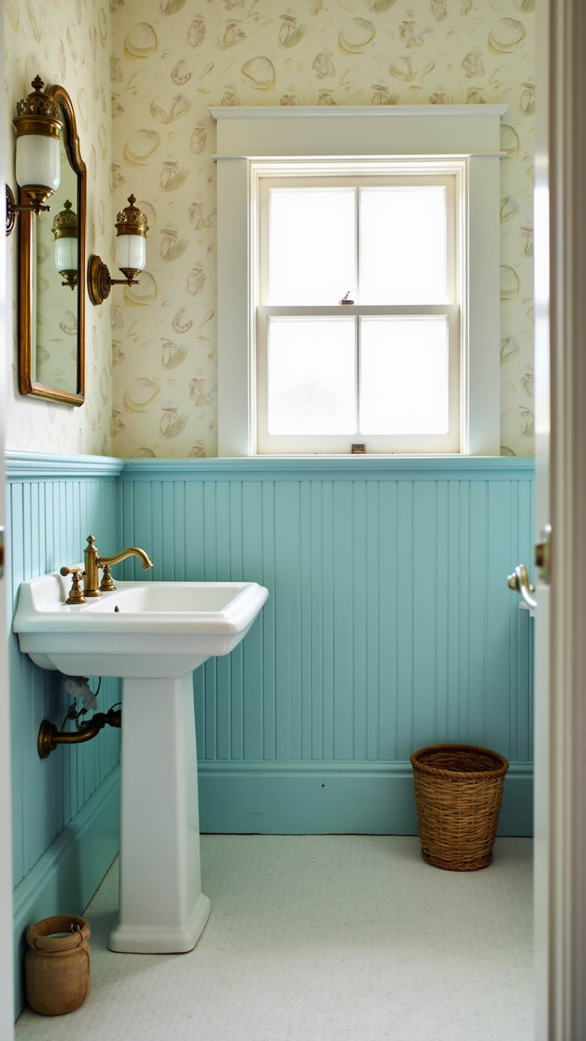 Vintage coastal powder room with pale blue beadboard, white penny tile floor, shell wallpaper, and antique brass accents.
