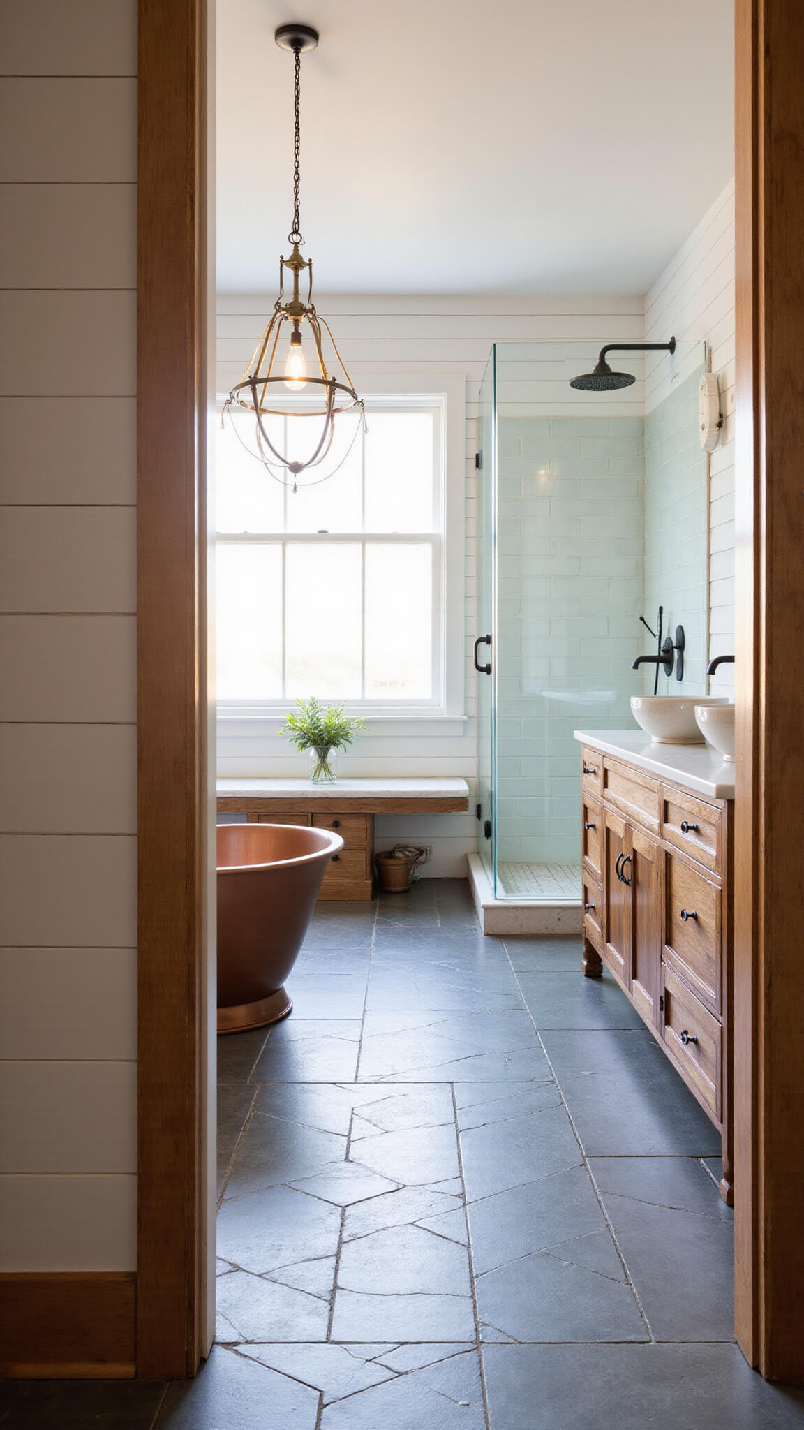 Modern farmhouse en-suite bathroom with copper tub, shiplap walls, slate herringbone floors, and rustic dual vanity in golden hour light.