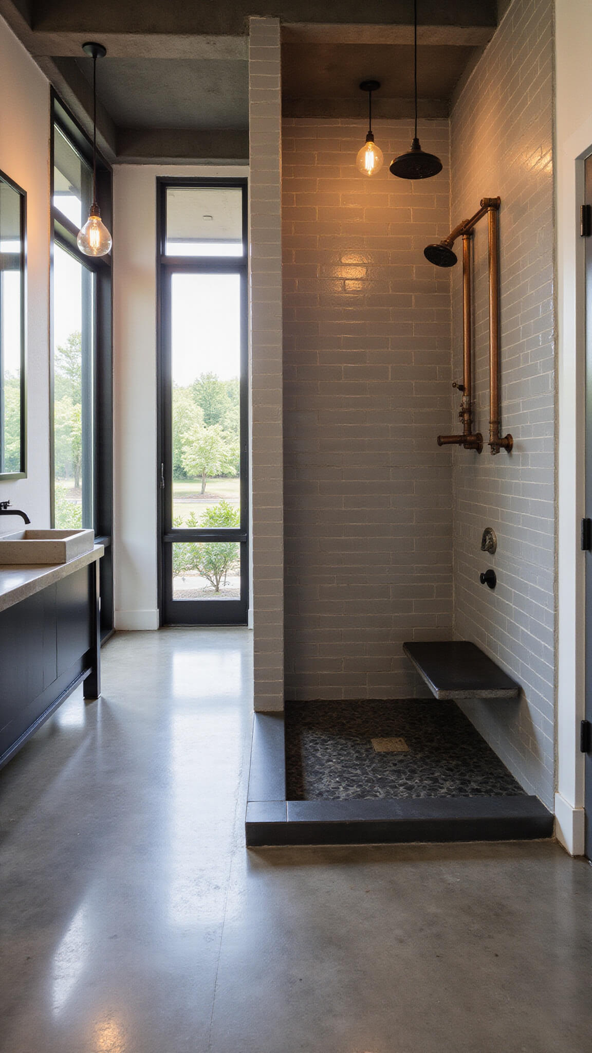 Industrial-style 10x14ft bathroom with exposed steel beams, polished concrete floors, floating blackened steel vanity, concrete sink, frosted industrial windows, grey subway-tiled walk-in shower with exposed copper piping, and vintage factory pendant lights.
