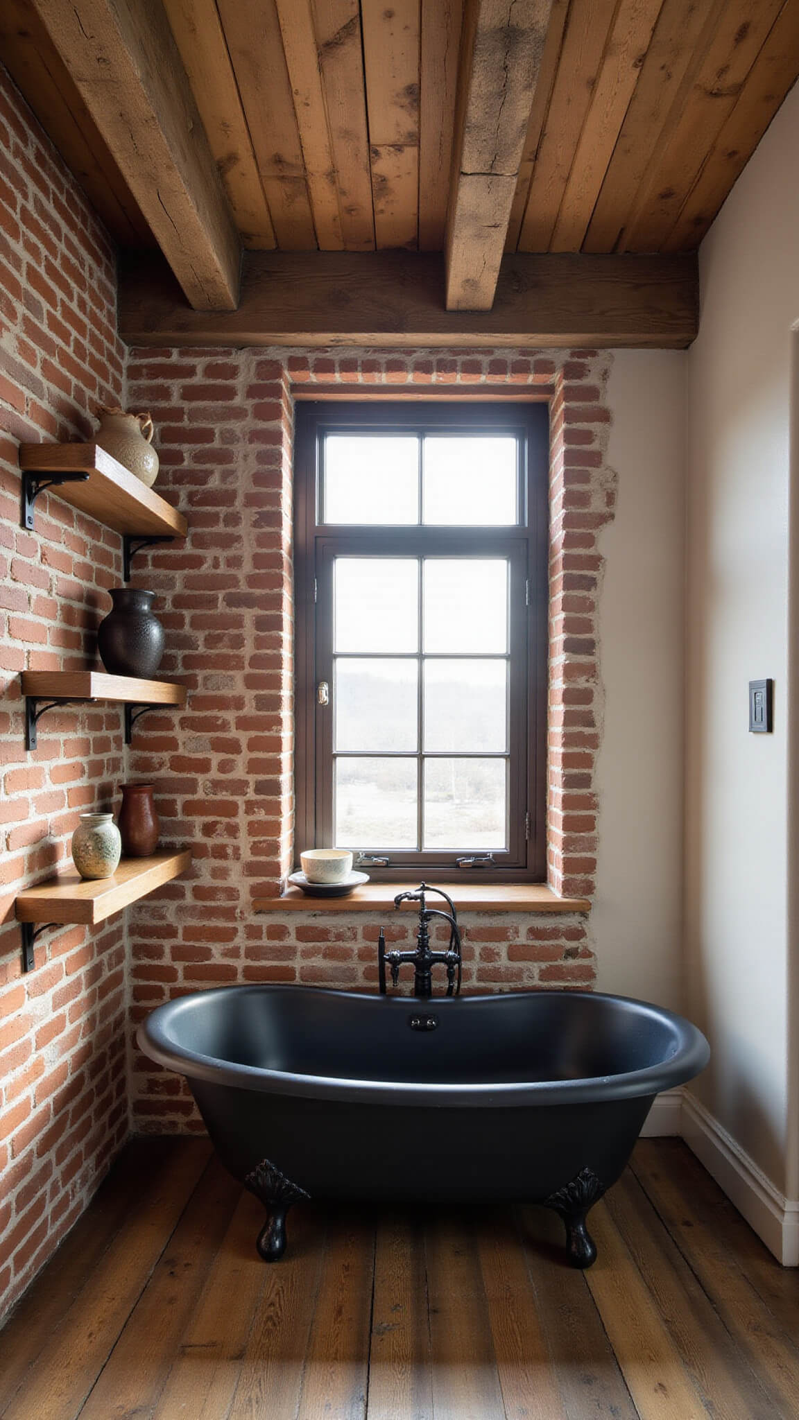 Rustic 11x13ft bathroom with brick accent wall, timber beams, matte black clawfoot tub on reclaimed wood floor, and sunlight streaming through iron-framed window.
