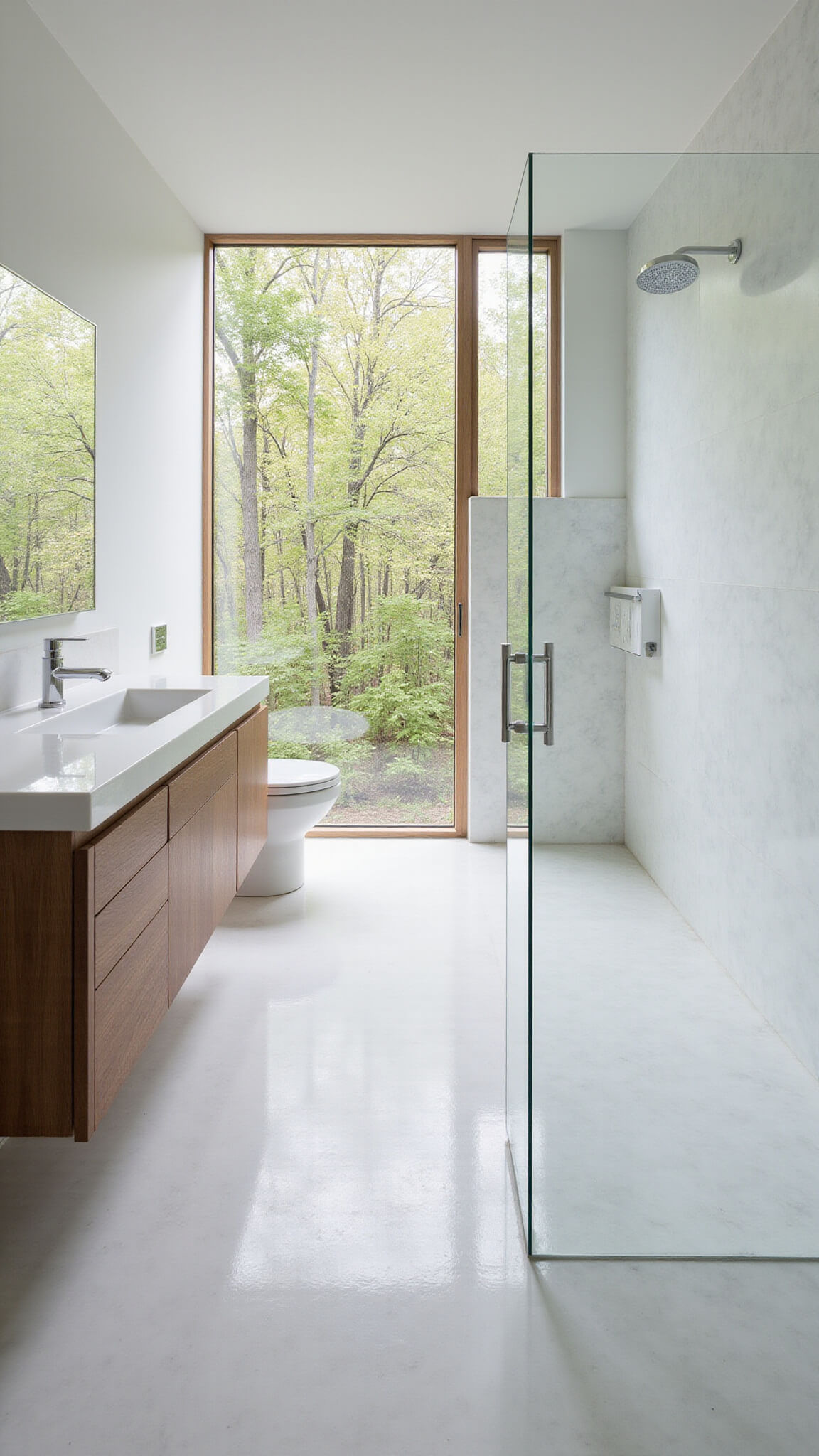 High-angle view of a modern minimalist 9x12ft bathroom with floor-to-ceiling windows, white marble walls, heated concrete floors, floating walnut vanity, frameless wall-wide mirror, and glass shower enclosure.