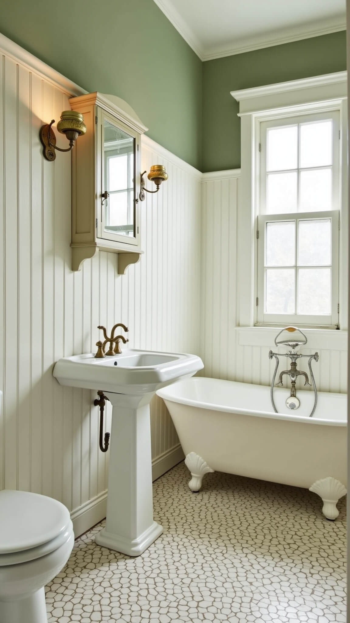 Vintage farmhouse bathroom with white beadboard, sage green walls, claw-foot tub, pedestal sink, and hex tile floor.