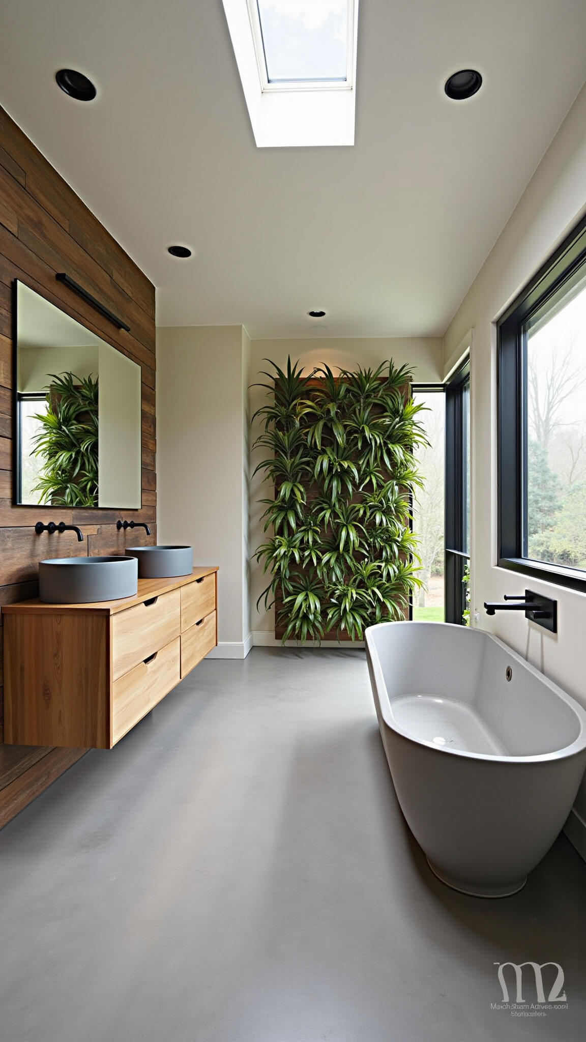 Modern rural-style bathroom with polished concrete floor, reclaimed barn wood accent wall, skylight, bleached oak double vanity with matte black fixtures, composite stone soaking tub, and air plant living wall.