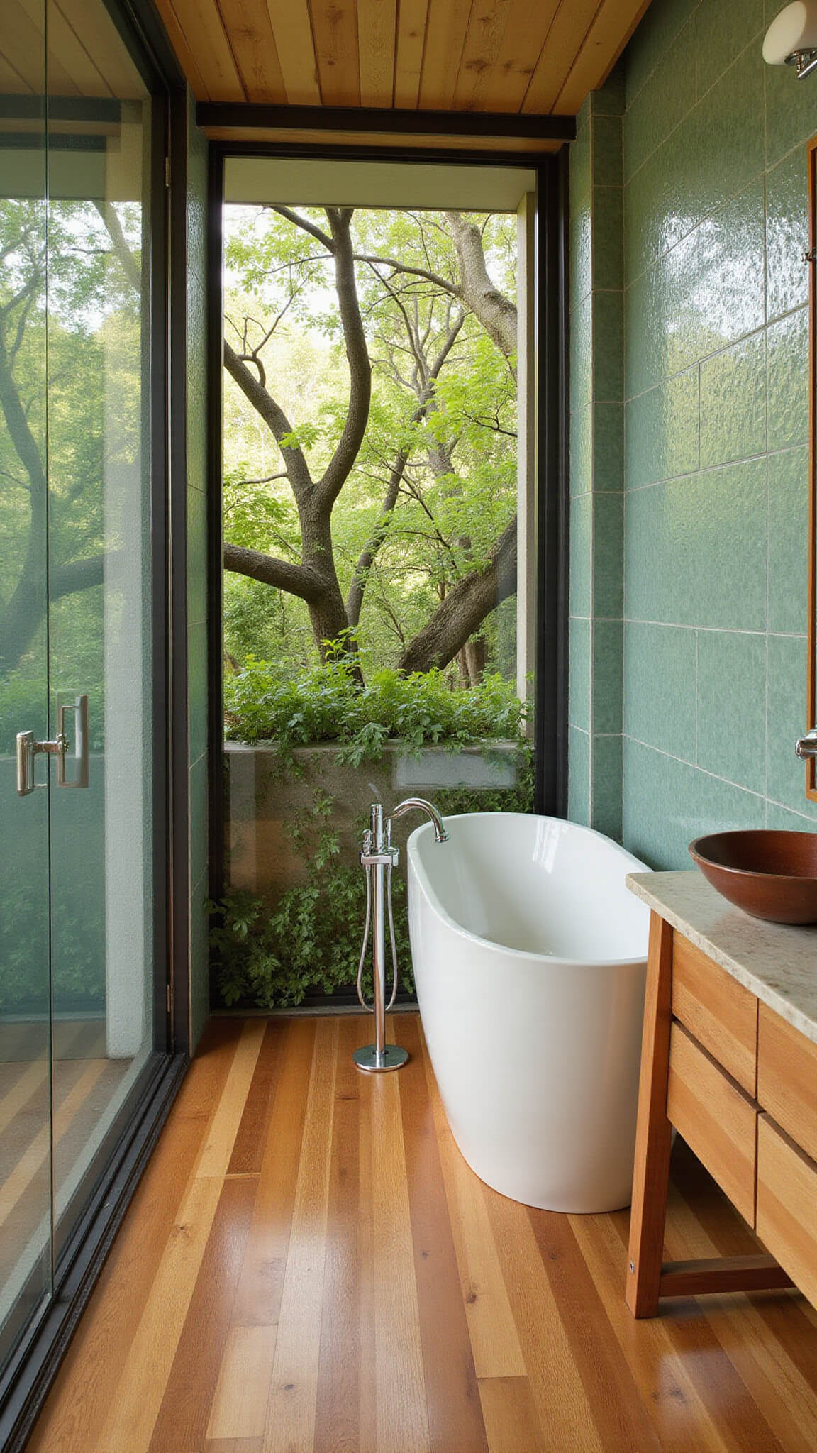 Eco-luxe bathroom with bamboo floors, sea green recycled glass tiles, living wall, reclaimed marble tub, teak vanity with copper sink, and soft morning light through privacy glass.